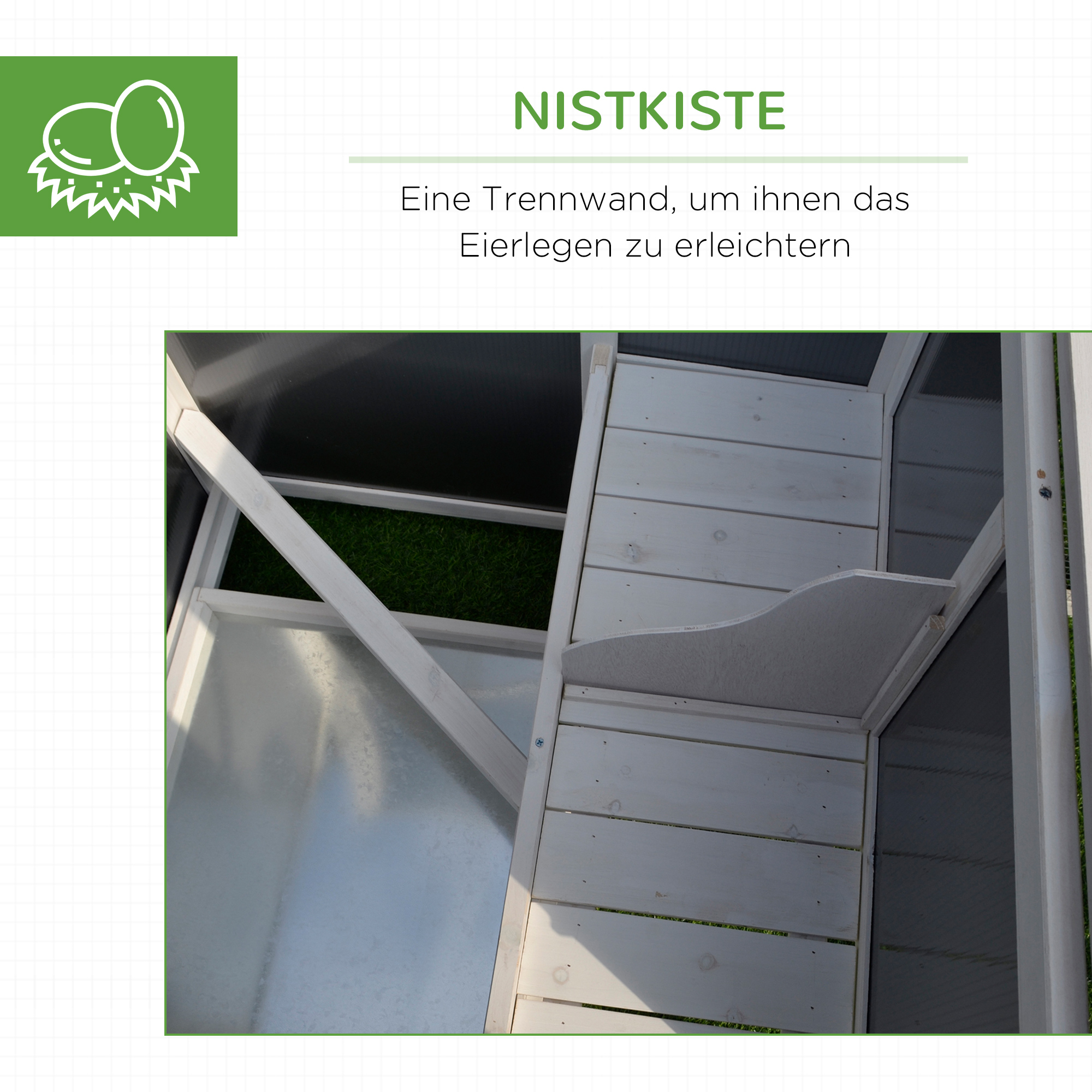 Hühnerstall Hühnerhaus Geeignet für 1-2 Hühner, mit Nistkasten Eierkiste mit 2 Fächern, Tanne, Grau+Weiß, 160 x 75 x 80 cm