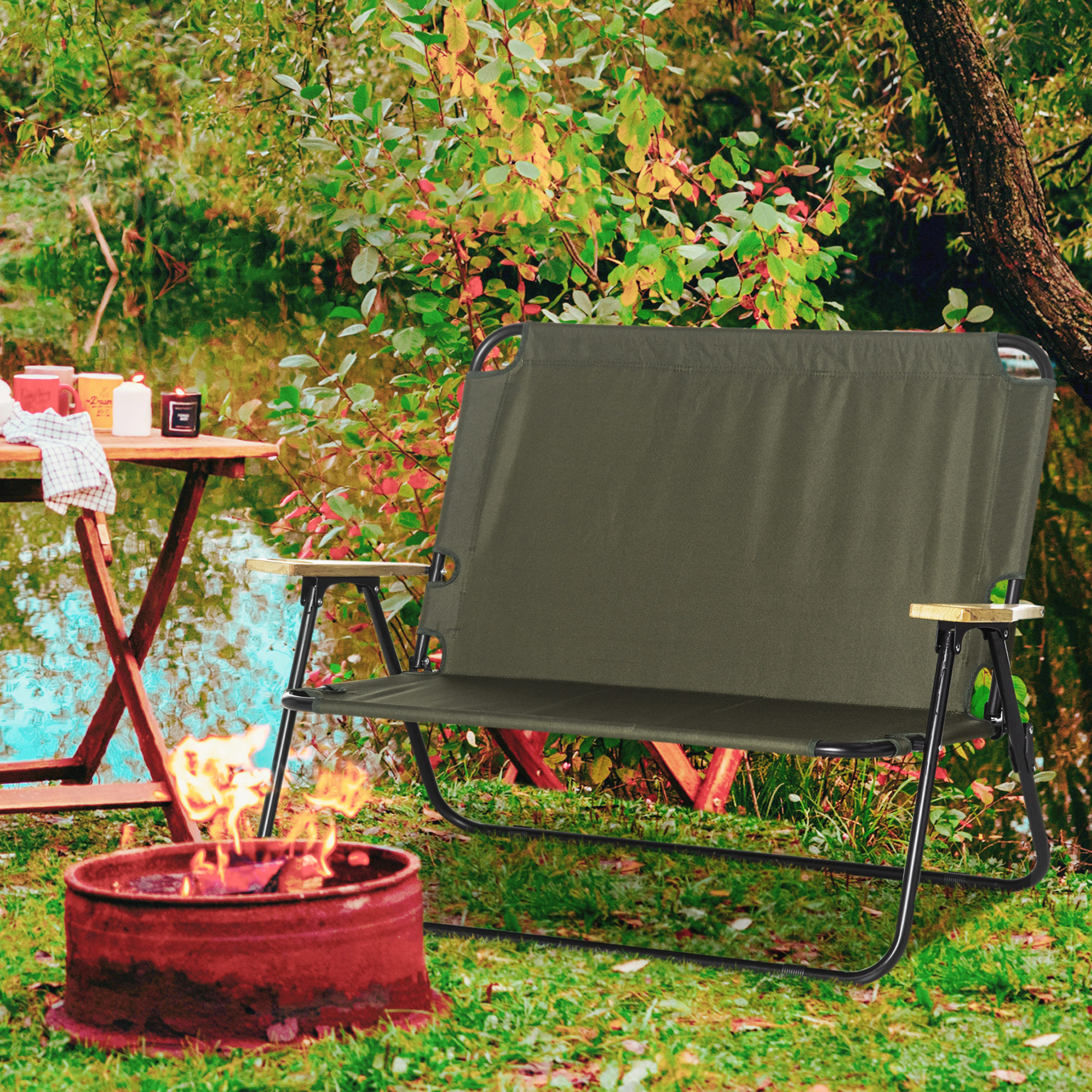 Faltstuhl 2-Sitzer faltbar Campingstuhl mit Armlehnen Getränkehalter Outdoor Klappstuhl bis 160 kg belastbar robust Angelstuhl Gartenstuhl für Garten Camping Strand