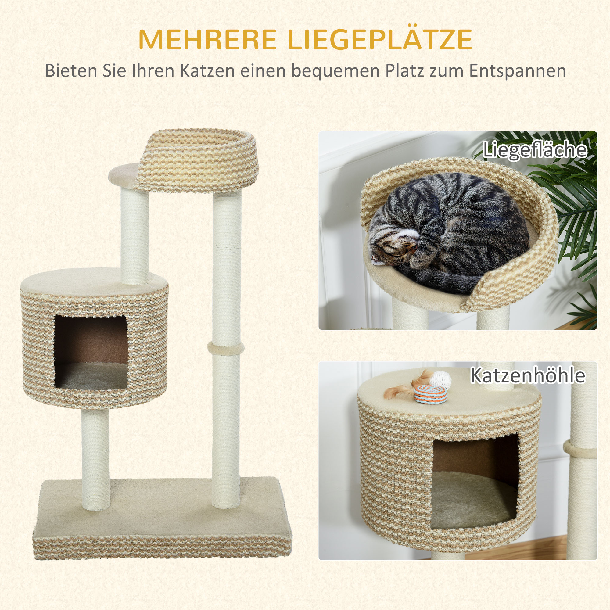 Katzenbaum Kratzbaum Kletterbaum Katzenkratzbaum, kuschelige Aussichtsplattformen, beige und kaffee, Spanplatte, Plüsch, Jute, 61x41x96 cm