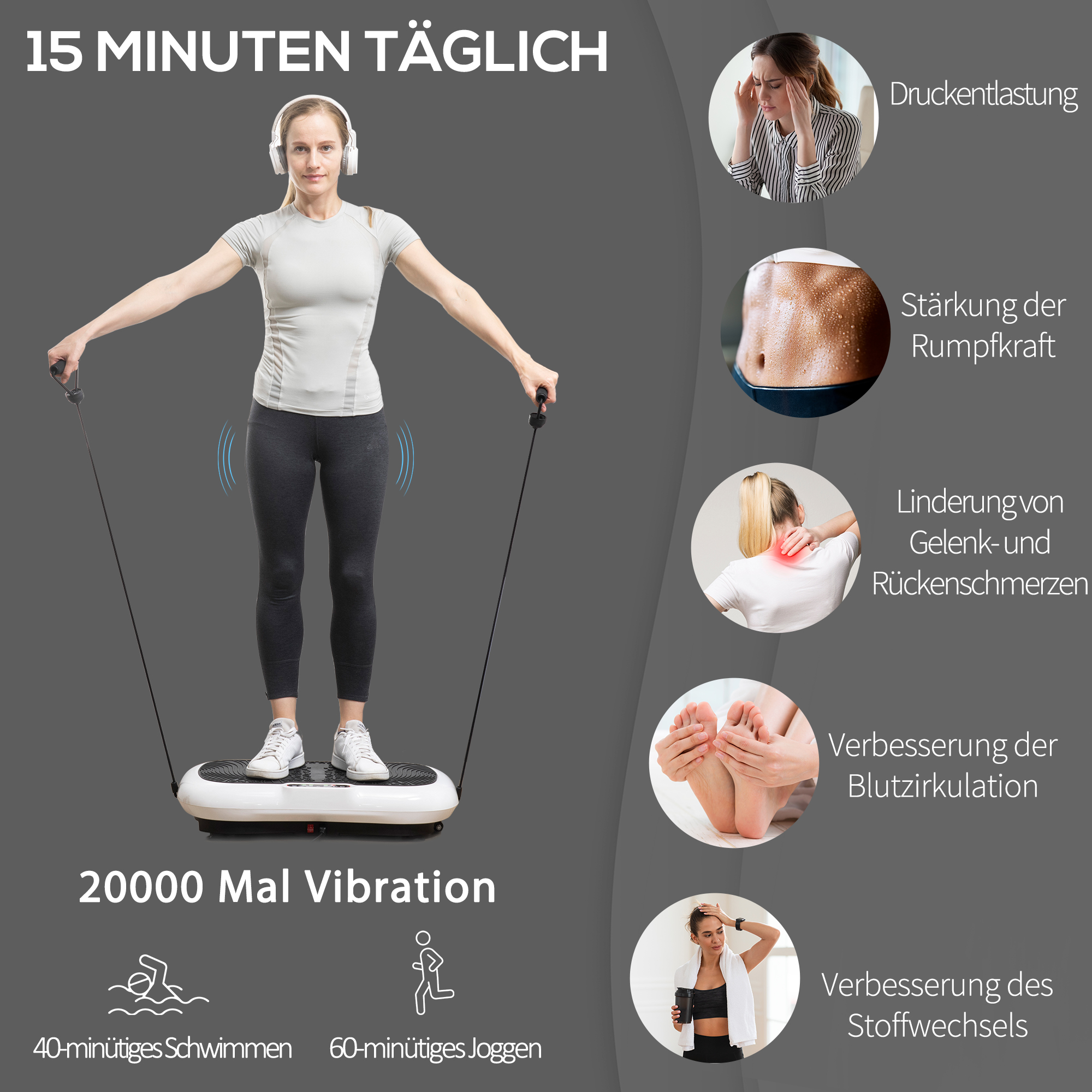 Vibrationsplatte mit 99 Stufen, 2 Fitnessbändern 73 x 40 x 13cm Weiß+Schwarz