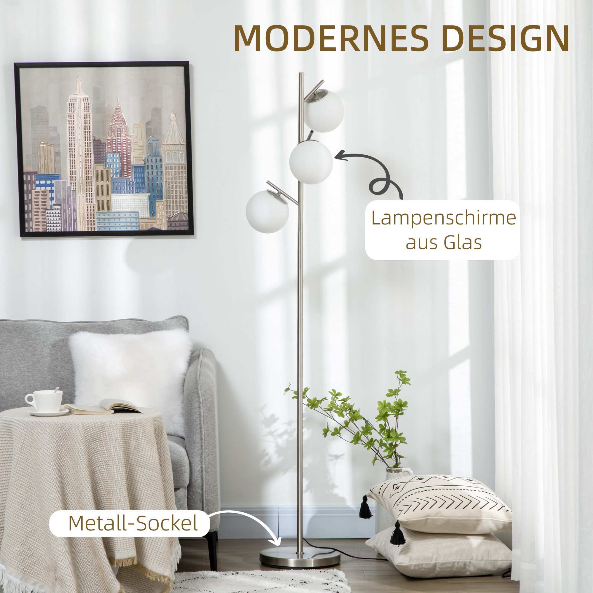 Stehlampe mit 3 Lampenschirmen aus Glas, E 27, Fußschalter, Silber + Weiß