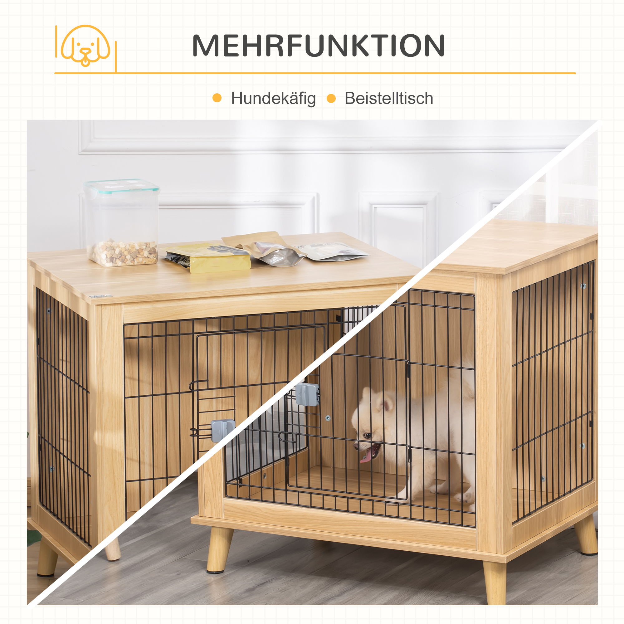 Transportbox aus Holz, Hundebox 81 cm x 58,5 cm x 76 cm Eiche Stahl Braun + Schwarz