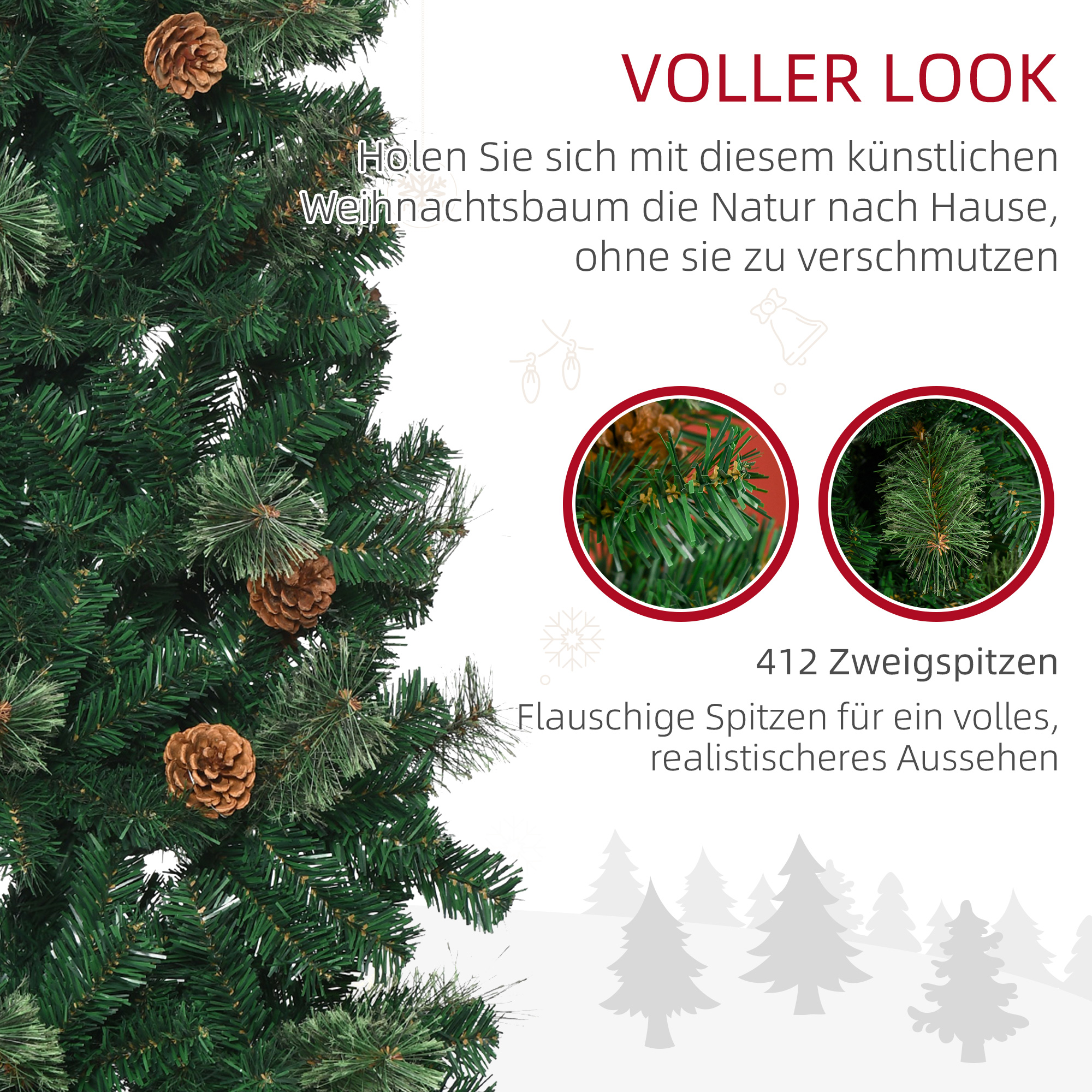 Künstlicher Weihnachtsbaum, schlank, Tannenzapfen, flammenhemmend, 46 x 165 cm, Grün