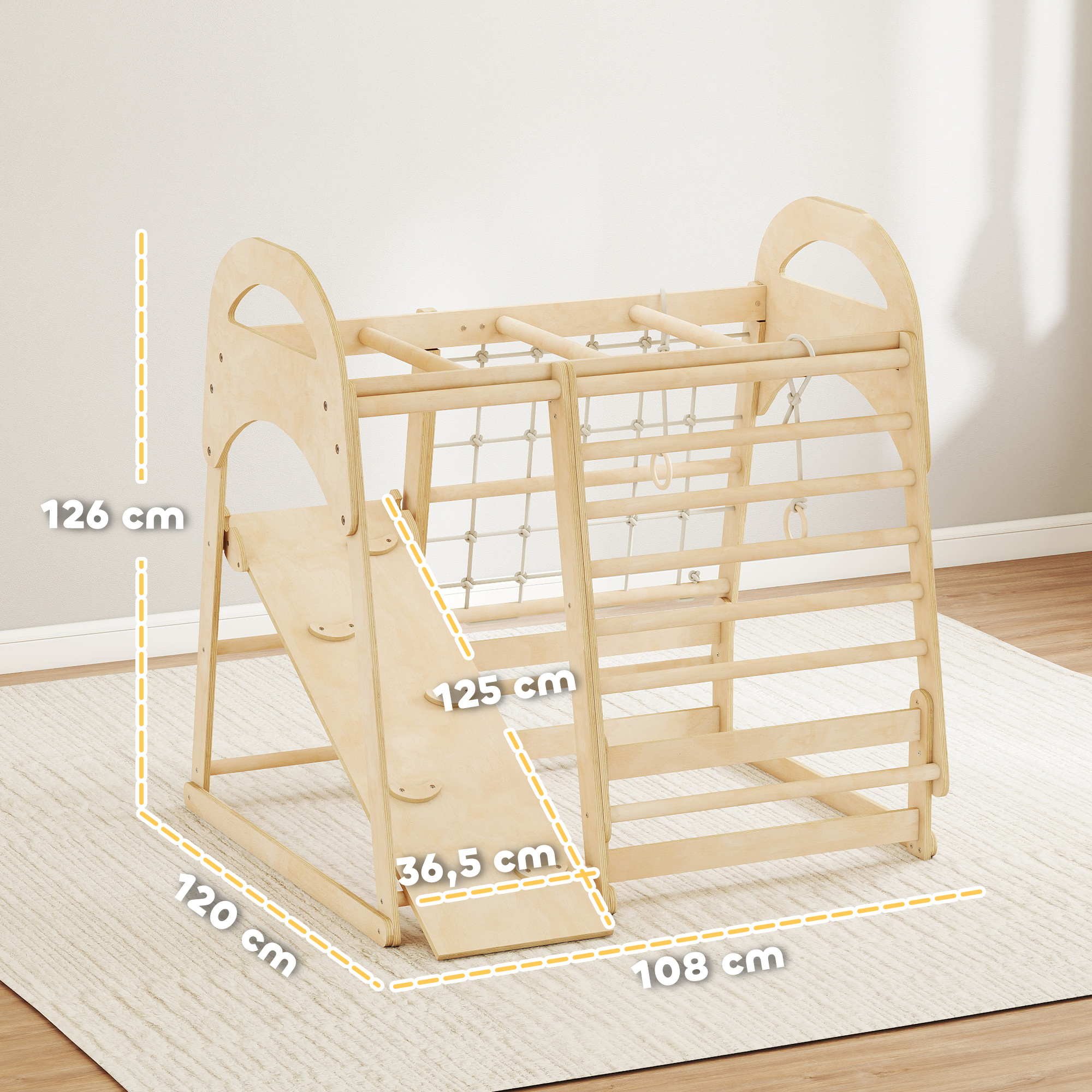 Indoor-Klettergerüst, 6-in-1 Design, Rutsche, Kletterstangen, Kletterwand, Leiter, Kletternetz, 3-6 Jahre, Holz