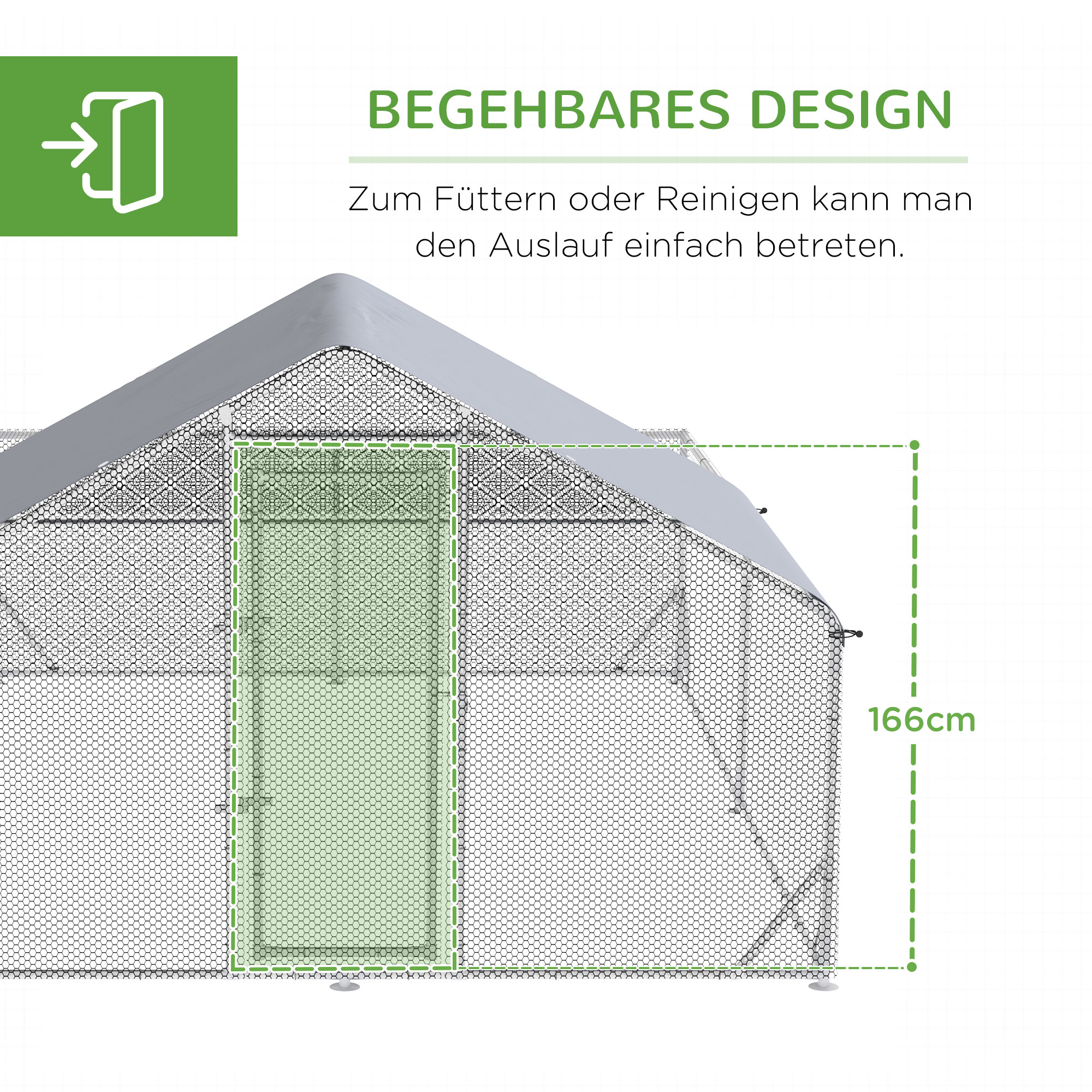 Zwerghühnerstall, wetterbeständig, begehbarer Stall, Stahlgitter, 400 cm x 300 cm x 195 cm, Silber