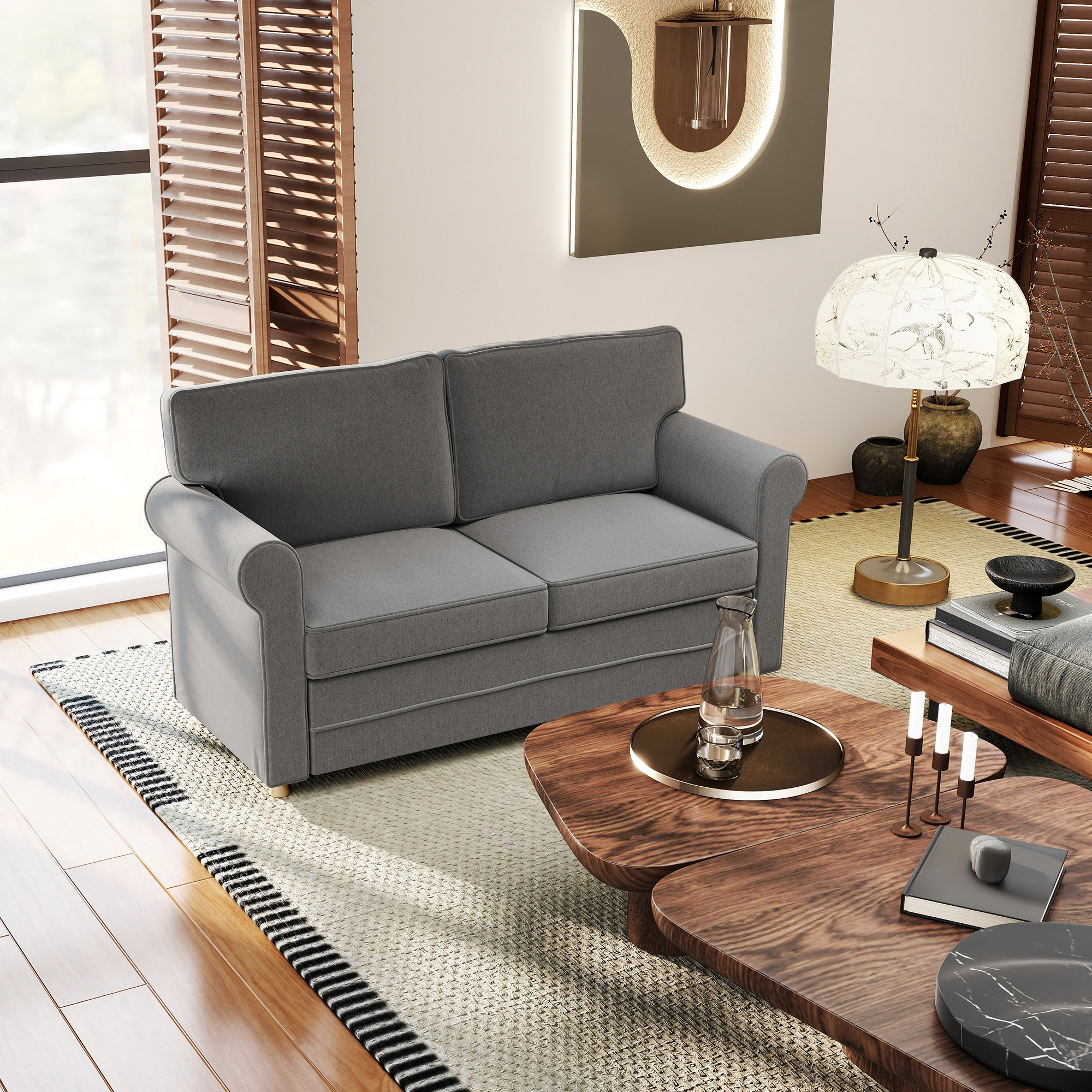 2-Sitzer-Sofa, Kompakte Wohnzimmercouch, Stoff in Leinenoptik, weiche Sitzkissen, Stahlrahmen, Dunkelgrau