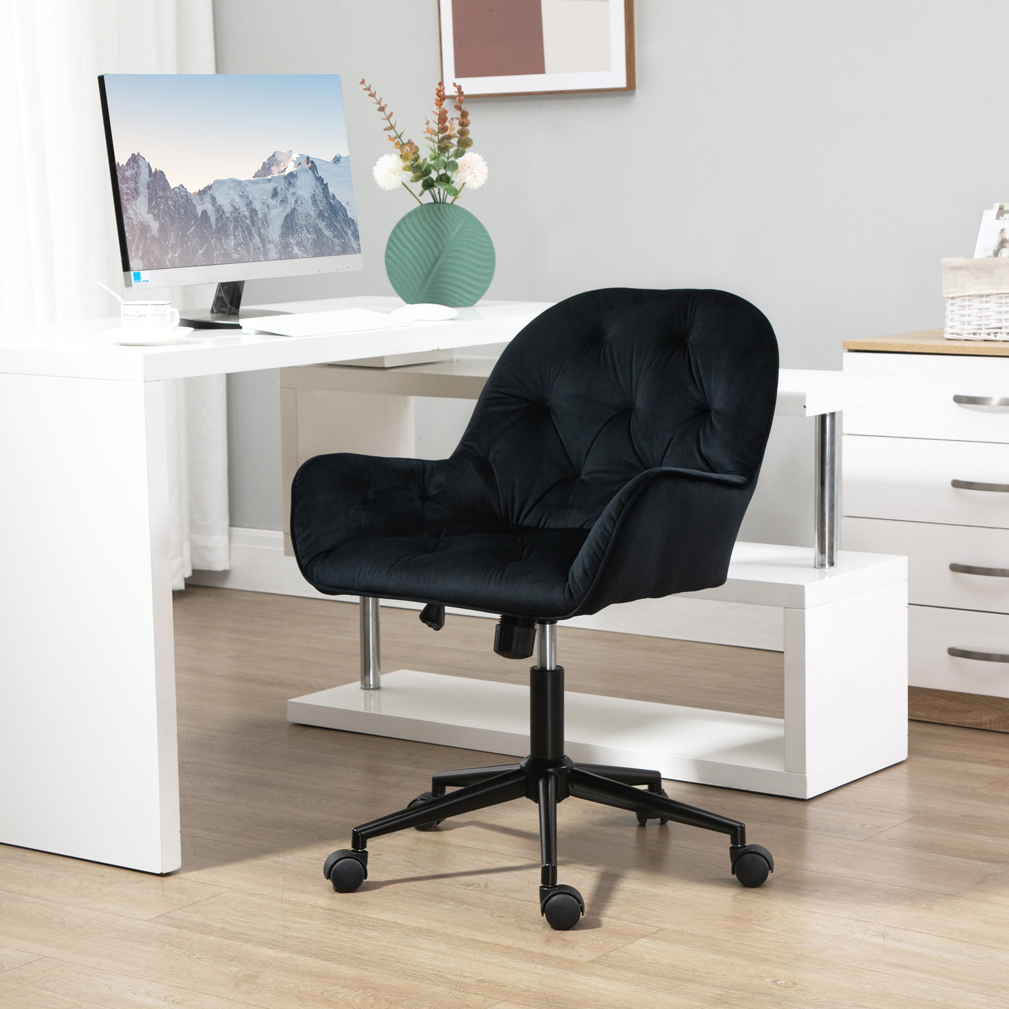 Bürostuhl Drehstuhl Bürosessel höhenverstellbarer Chefsessel Stuhl Schreibtischstuhl Sessel Büro samtartiges Polyester Schwarz 60 x 61 x 81-91 cm