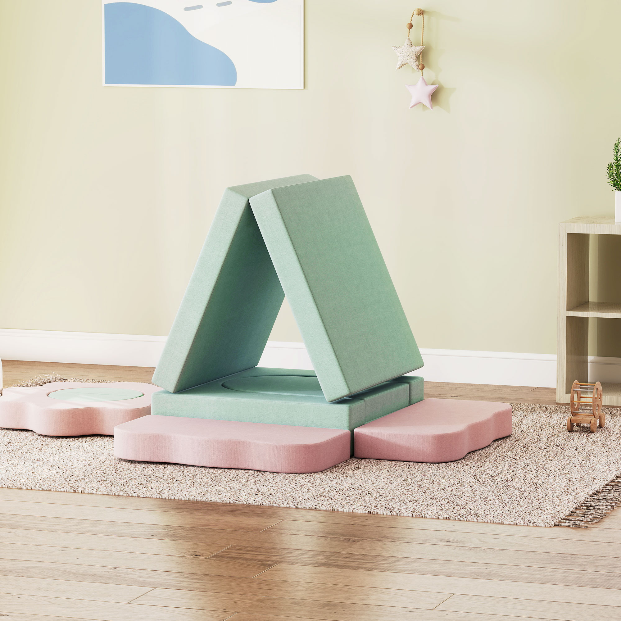 12-teiliges Set Schaumstoffblöcke zum Klettern, Bauen, Krabbeln, Indoor-Spielmatten mit Cordbezug, Grün+Rosa