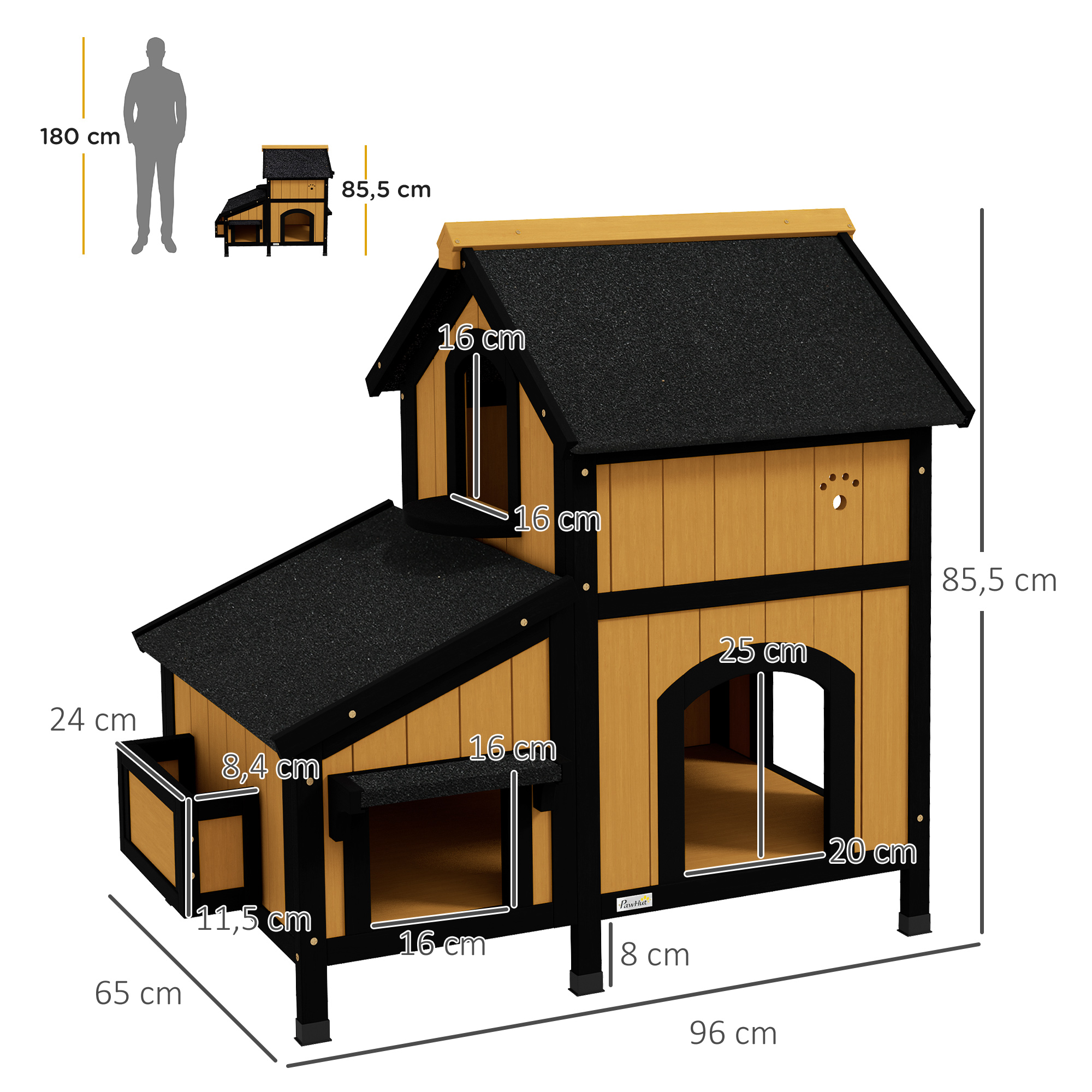 Katzenhaus Katzenhütte Katzenhöhle, inkl, Blumenkasten, 96 cm x 65 cm x 85,5 cm, Gelb + Weiß + Schwarz