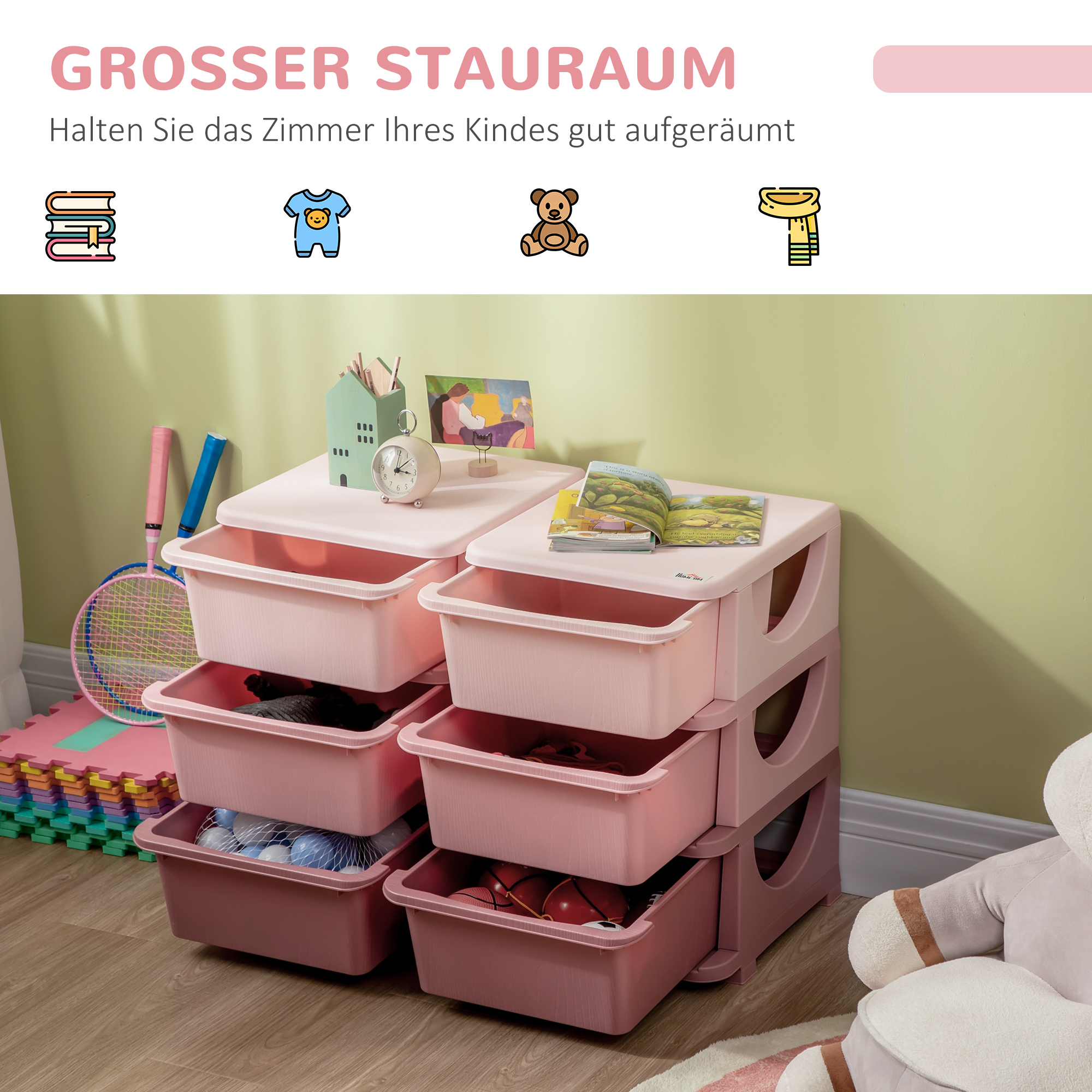Aufbewahrungsbox für Kinder, Kinder-Aufbewahrungsbox, 3 Schubladen, Rosa