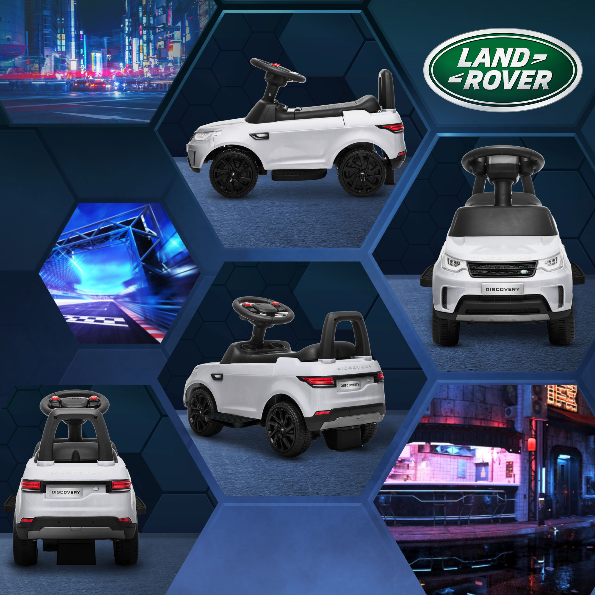 Elektro Kinderauto 6V, Land Rover, Fahr-/Schiebemodus, Scheinwerfer, Musik, Weiß