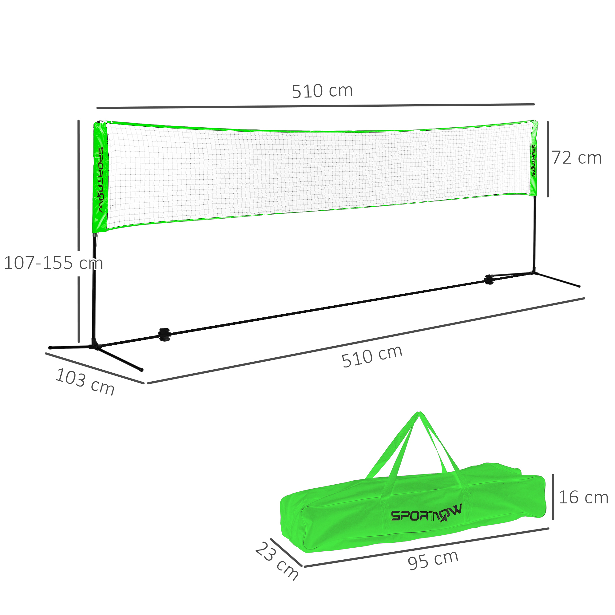 Badminton-Set mit 2 Schlägern, 3 Federbällen, höhenverstellbar 107-155 cm, Schwarz-Grün
