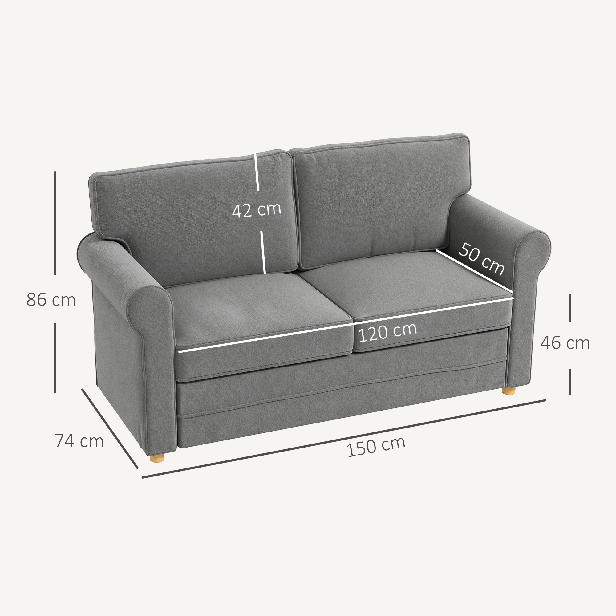 2-Sitzer-Sofa, Kompakte Wohnzimmercouch, Stoff in Leinenoptik, weiche Sitzkissen, Stahlrahmen, Dunkelgrau