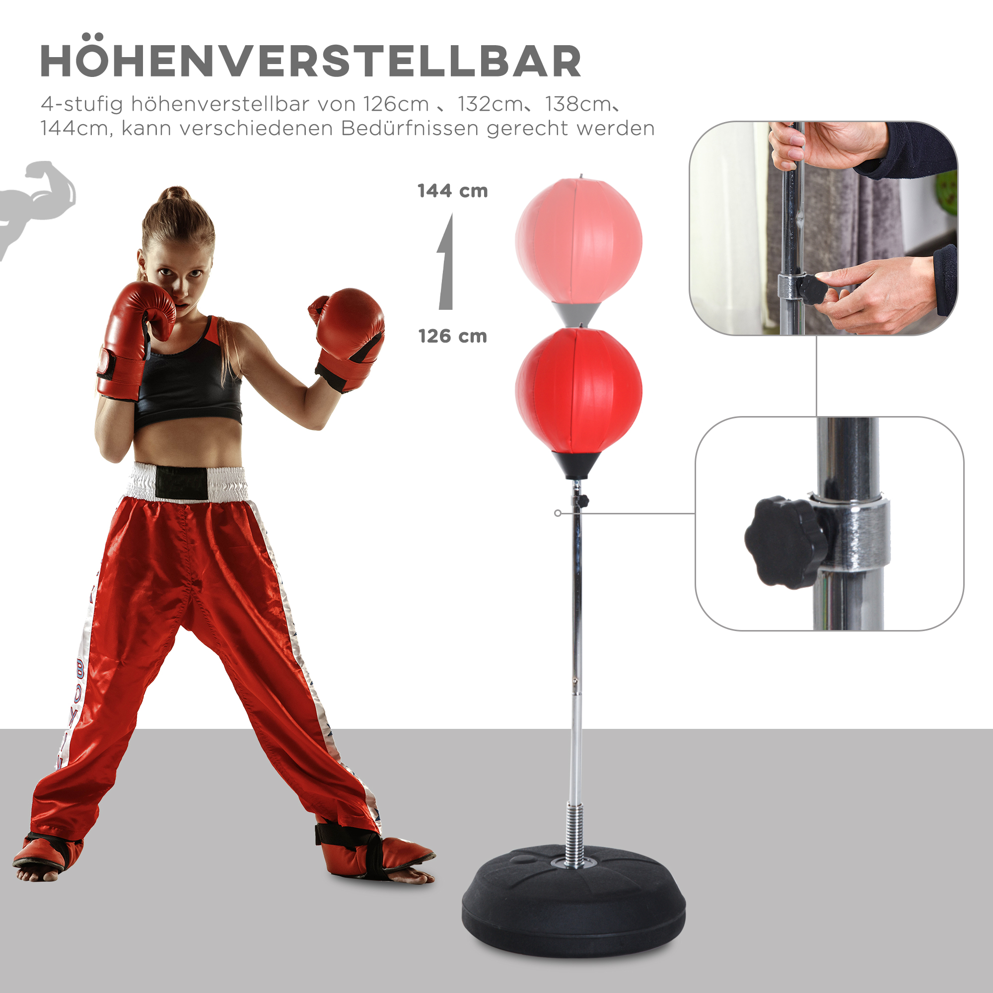 Box-Set mit Punchingball, höhenverstellbar, inkl, Boxhandschuhe, 126-144cm, Rot