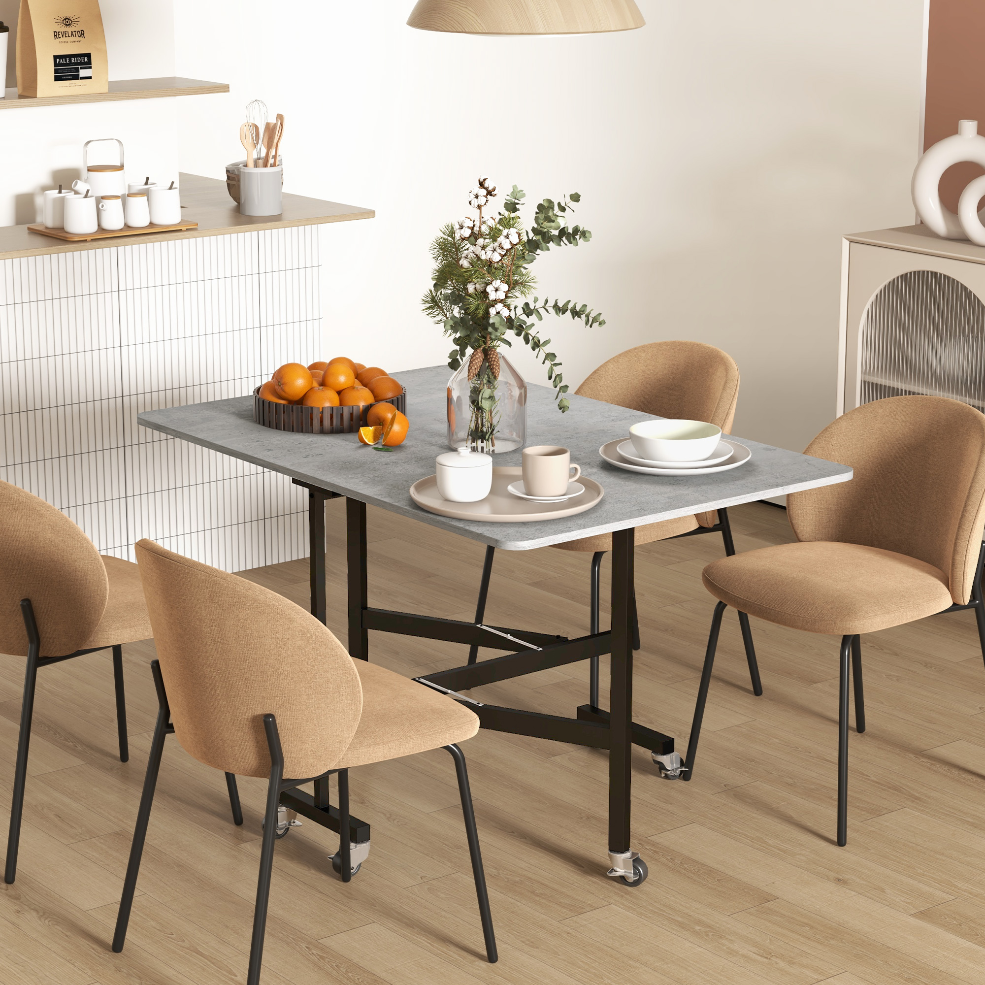 Esstisch für 4-6 Personen, Klapptisch mit Rollen, Stahlgestell, 52,5-120 x 80 x 73 cm, Grau
