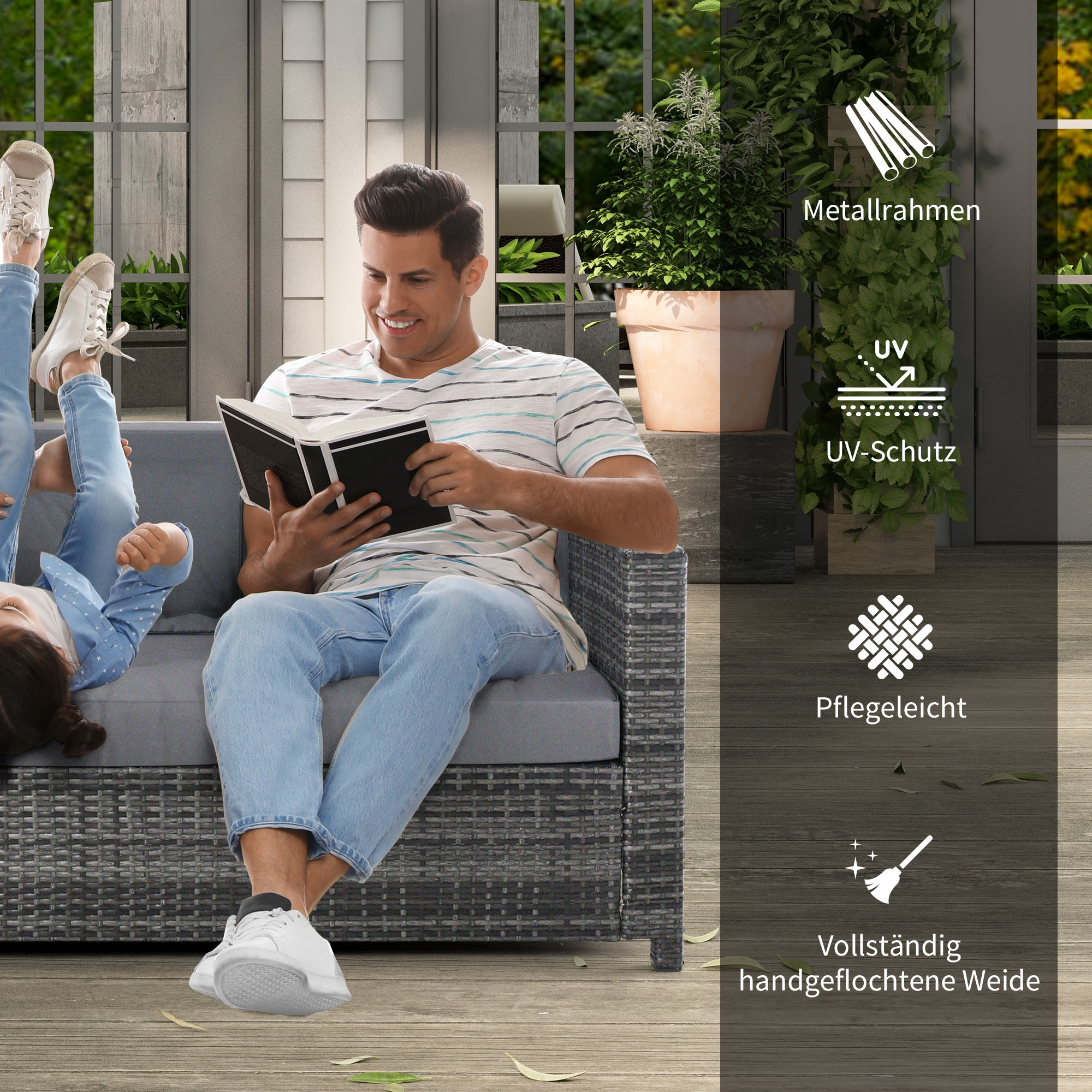 Poly-Rattan Sofa mit Kissen 3-Sitzer Garten Loungesofa Metall Polyester Grau 185 x 70 x 80 cm