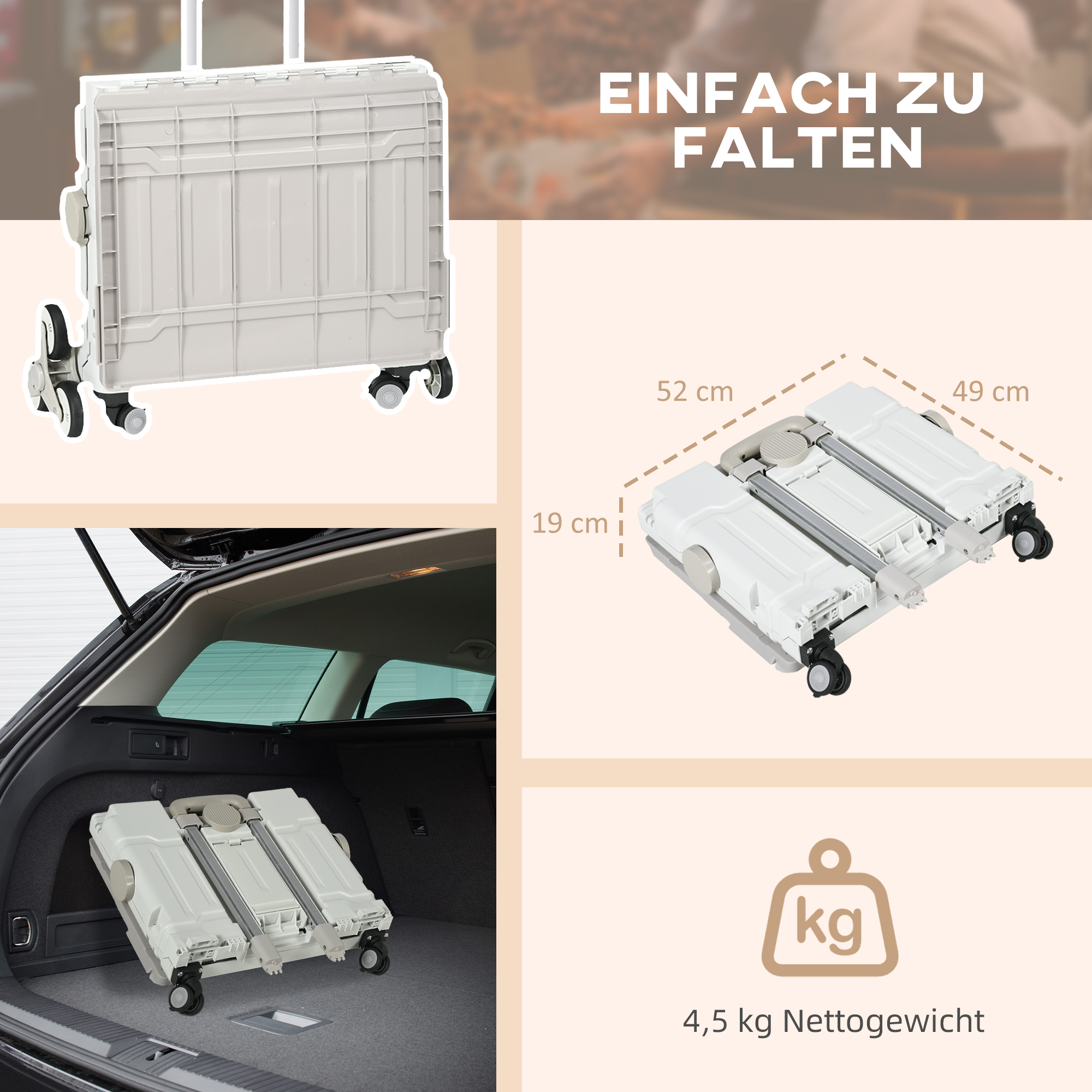 Einkaufstrolley Treppensteiger Mobile Transportbox,  klappbar, Teleskopgriff, bis max, 65 Kilo belastbar, Weiß