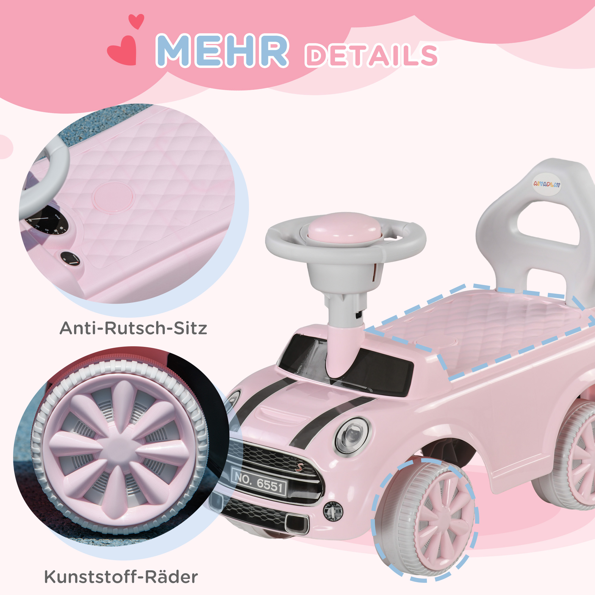 Rutschauto für Kinder, Kippschutz, Hupe, rutschfester Sitz, für 1,5-3 Jahre, bis 25 kg, Rosa