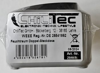 Feuchtraum Doppel-Steckdose, IP44, 250V~/ 16A, inkl. AP-Rahmen, grau