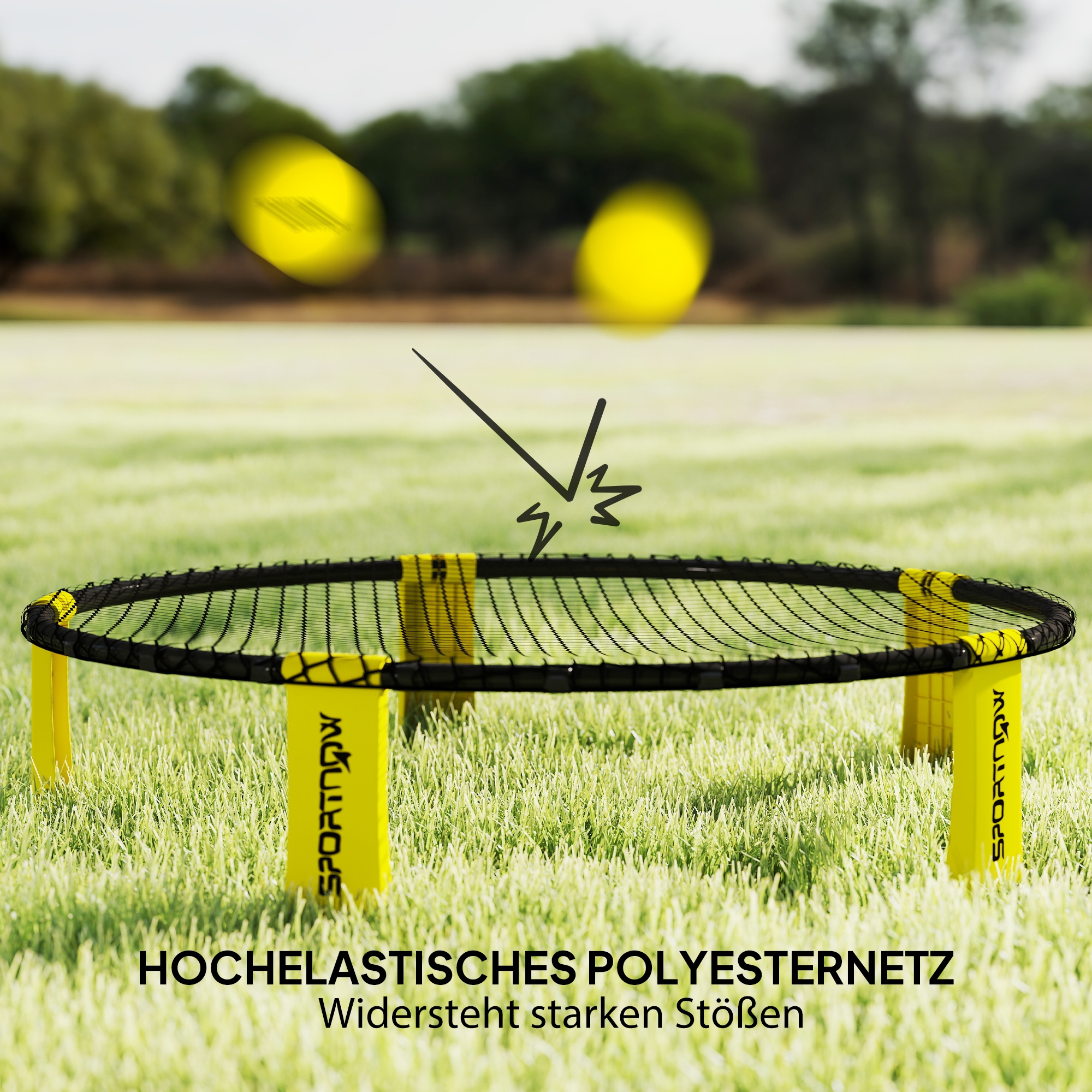 Roundnet Set Spieleset mit Spielnetz 3 Bällen Tragetasche Ballpumpe Spikeball Set Ø92 x 20 cm Gelb