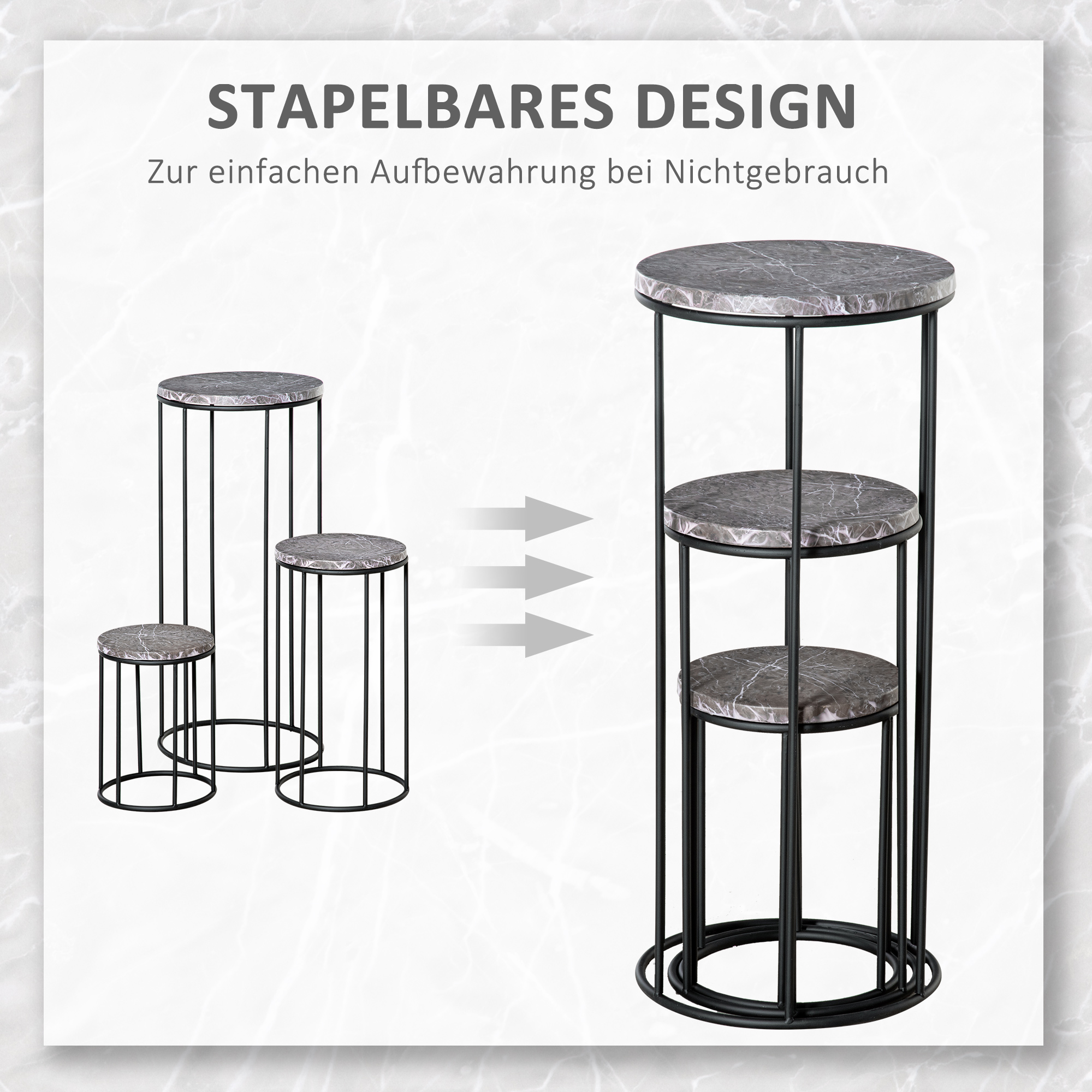 Blumenständer 3er Set aus Metall Pflanzenständer Set in Marmoroptik Blumenhocker Blumentopfhalter Stapelbar Pflanzenhocker für Blumentopf Schwarz+Grau