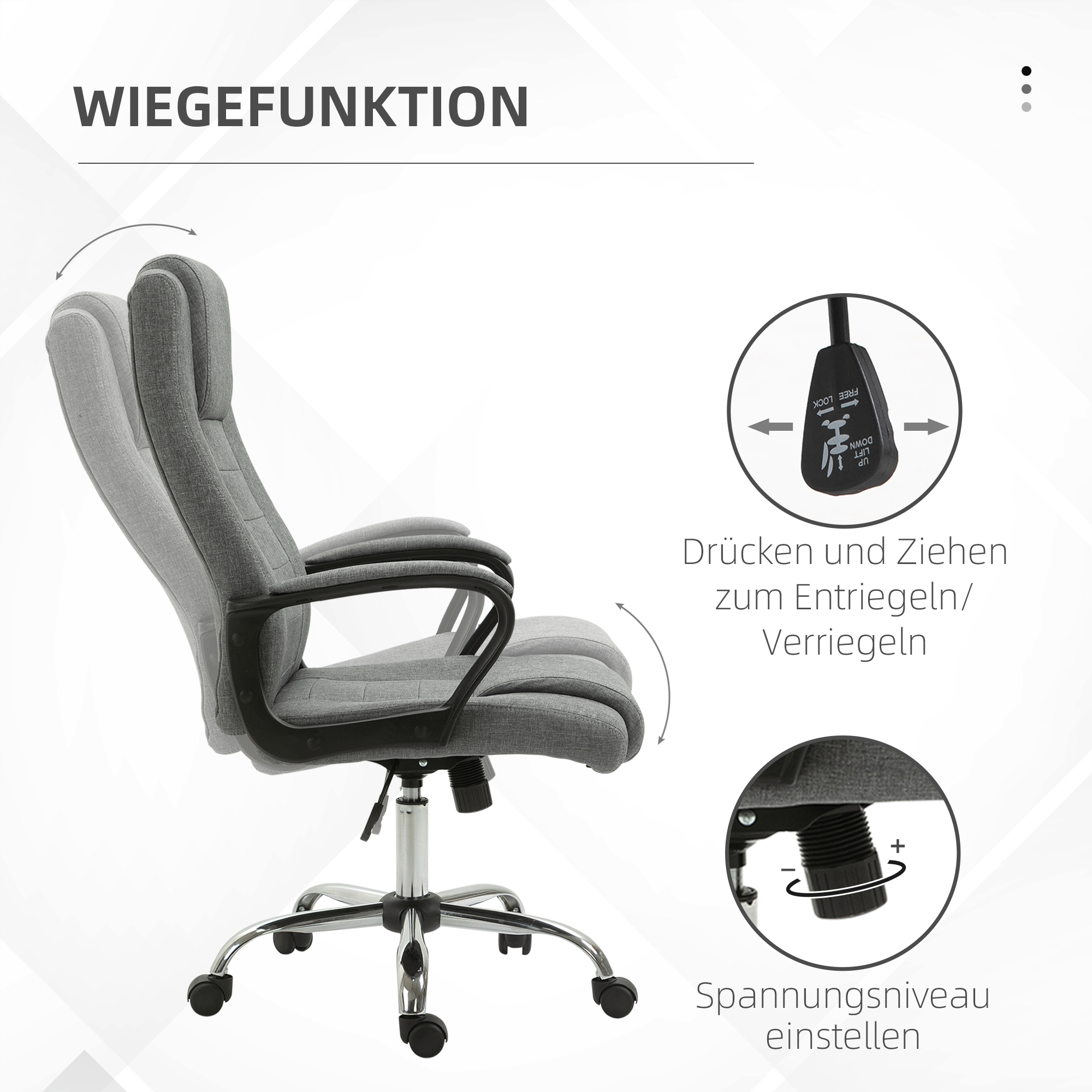 Bürostuhl Computerstuhl mit Wippenfunktion Kopfstütze ergonomischer Schreibtischstuhl drehbar höhenverstellbar Leinen-Touch Grau  62 x 76 x 110-119 cm