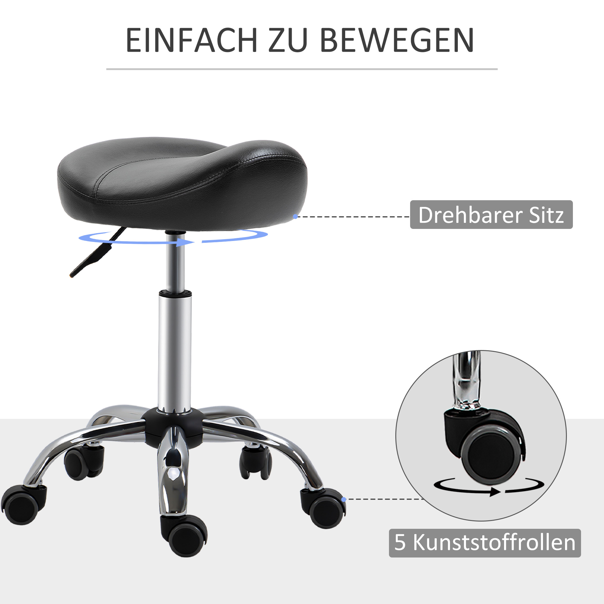 Salonhocker mit Sattelsitz, höhenverstellbar, Kunstleder, 48x48x54-69cm, Schwarz