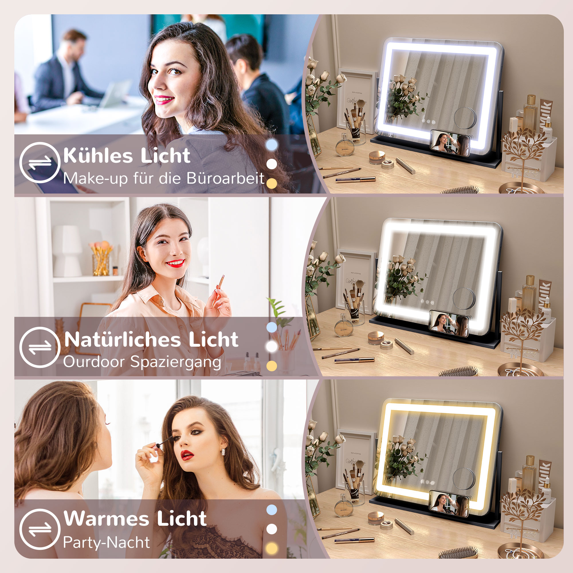Schminkspiegel mit LED-Lampen, USB-Anschluss, 3 Modi, drehbar, Schwarz
