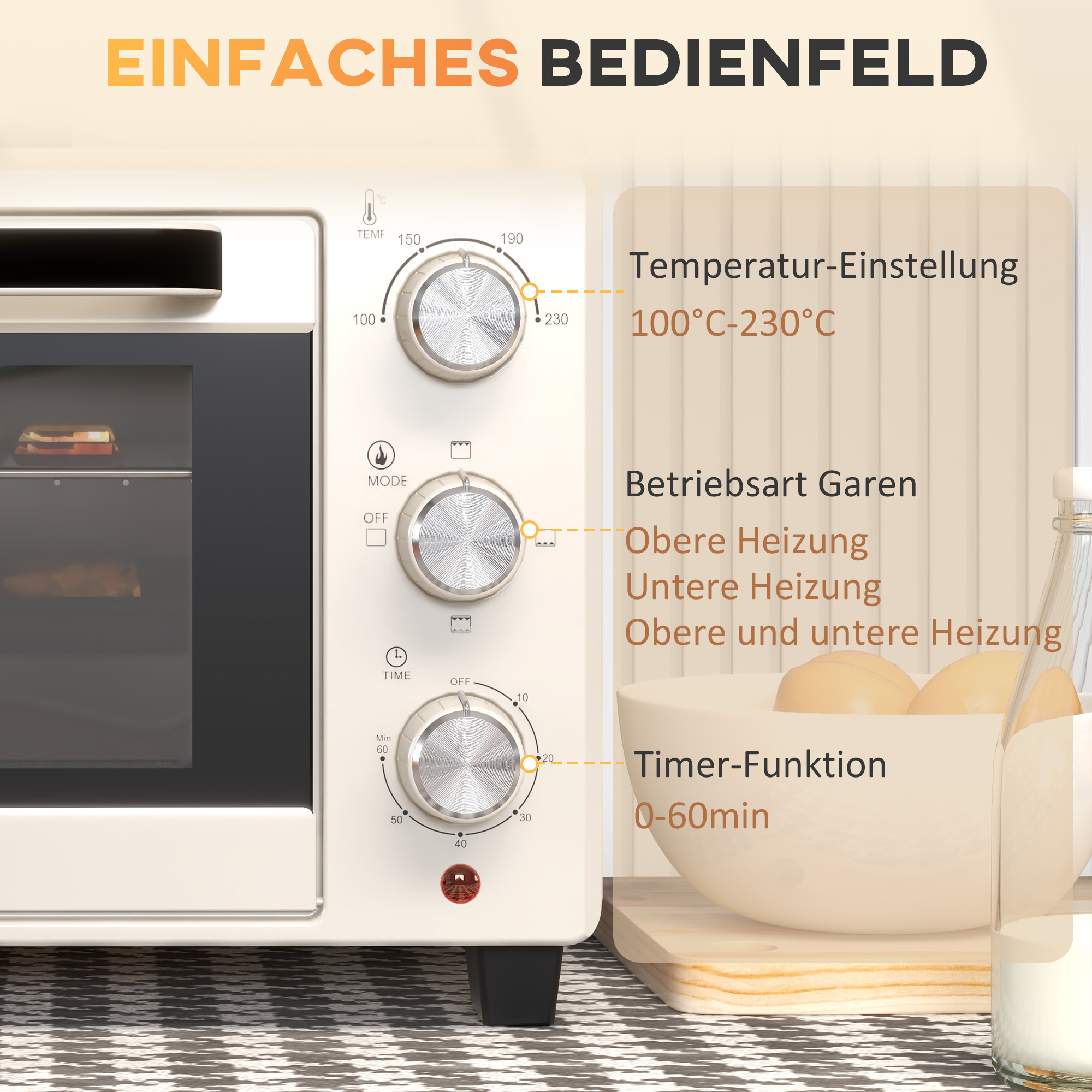 Minibackofen, Backofen kleine 21 L Toasterofen mit 1 Drahtgestell und 1 Backblech, 3 Kochmodi, 100 °C-230 °C, Edelstahl, Glas, Cremeweiß