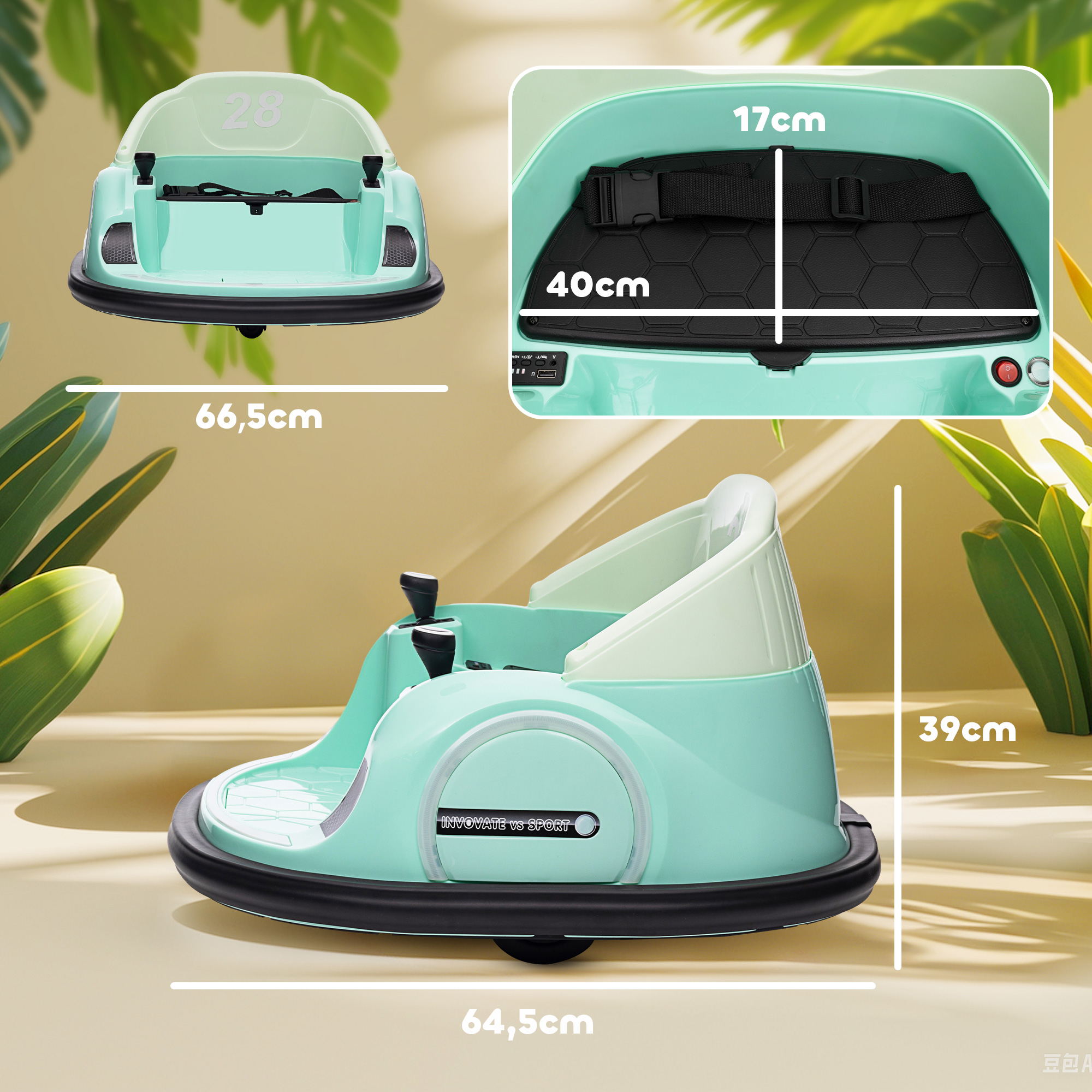 Autoscooter, 360° Rotation, 2 km/h Geschwindigkeit, Sicherheitsgurt, LED-Lichter, Musik und Hupe, Grün