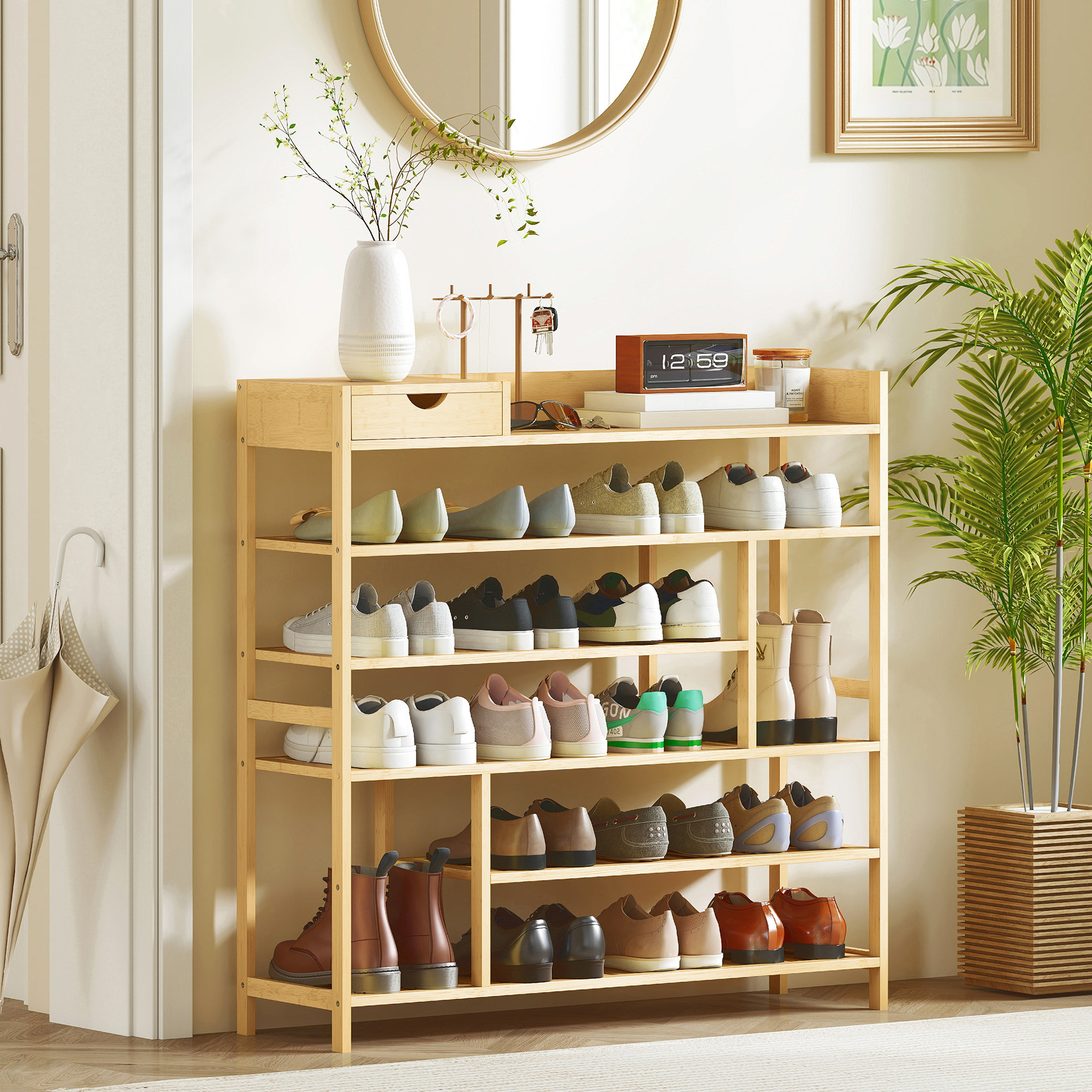 Schuhregal, Schuhständer mit 6 Ebenen, Schublade aus Bambus, für max, 18 Paar Schuhe, Schuhablage für Eingang, Schlafzimmer, 101 x 30 x 100 cm, Natur