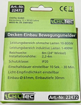 Decken-Einbau-Bewegungsmelder 360° FLAT, PIR, LED geeignet, 8m Detektion, 80x30mm
