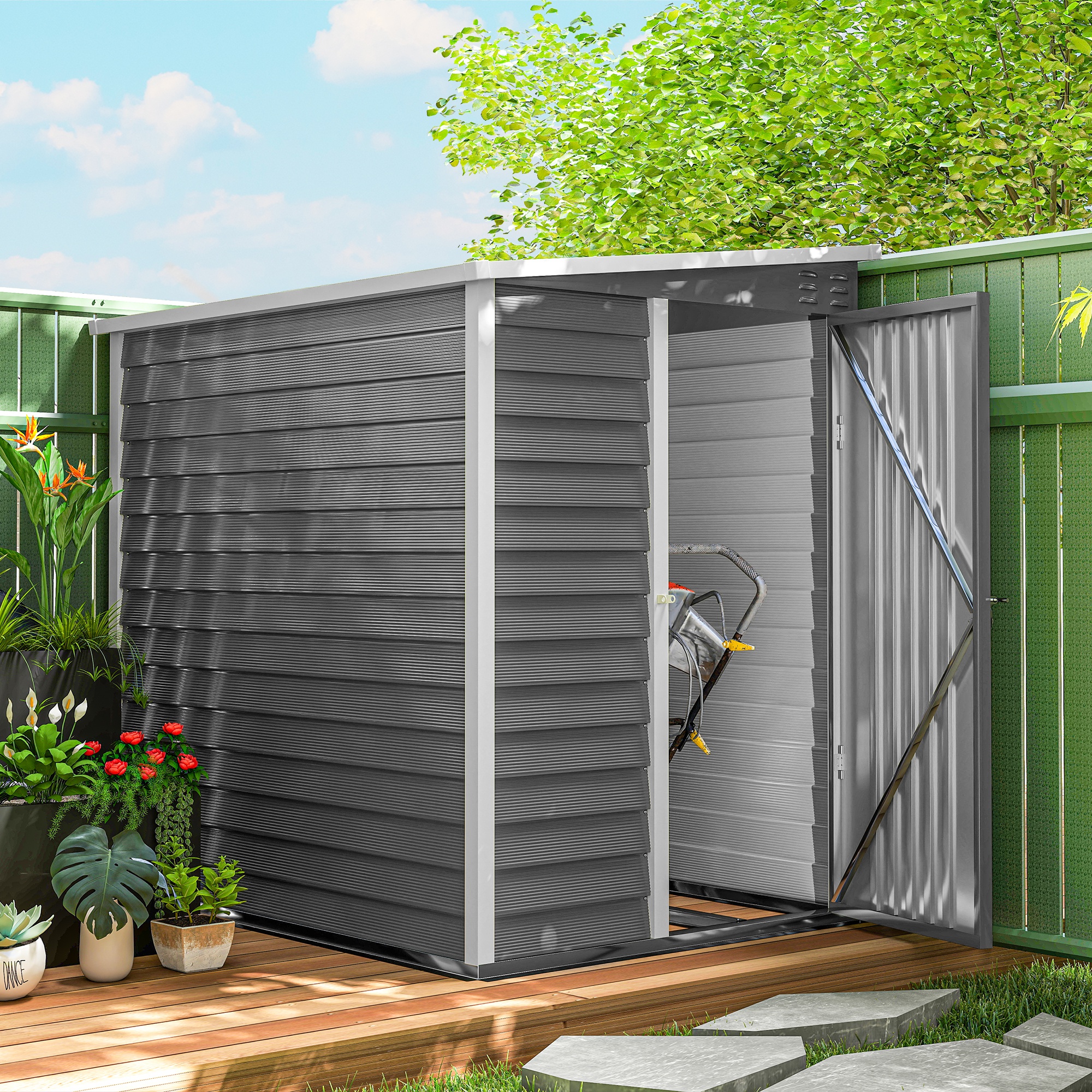 Gartenschuppen aus Metall, verzinkter Stahl, verschließbare Tür, leichte Montage, 142 x 184 x 165/181 cm, Grau