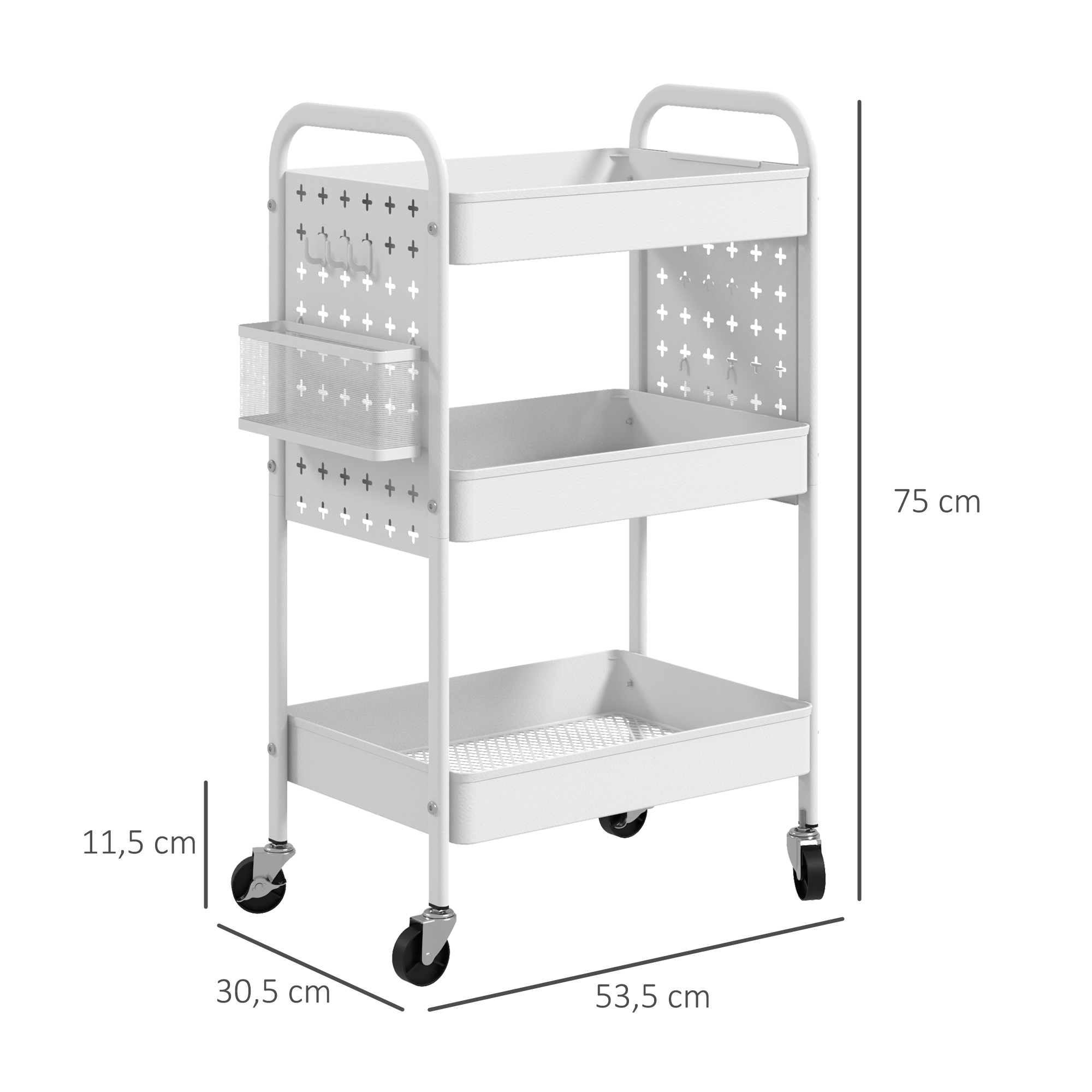 Mehrzweckwagen Rollwagen Küchenwagen, 3 Regale, 4 Rollen, 53,5 cm x 30,5 cm x 75 cm, Weiß