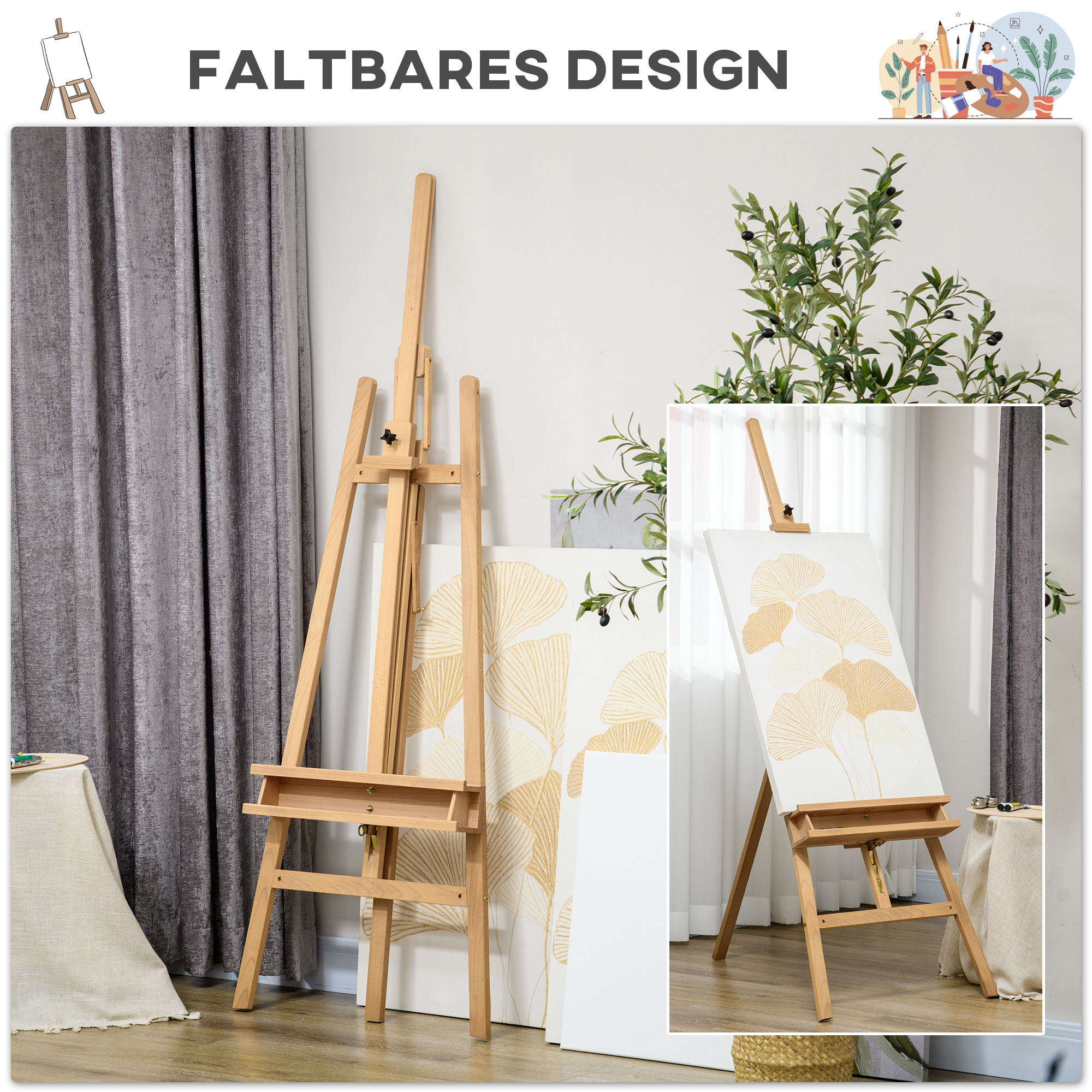 Staffelei, Holzstaffelei, höhenverstellbar, klappbar, Stiftablage, Buchenholz, 65 x 110 x 180-235 cm
