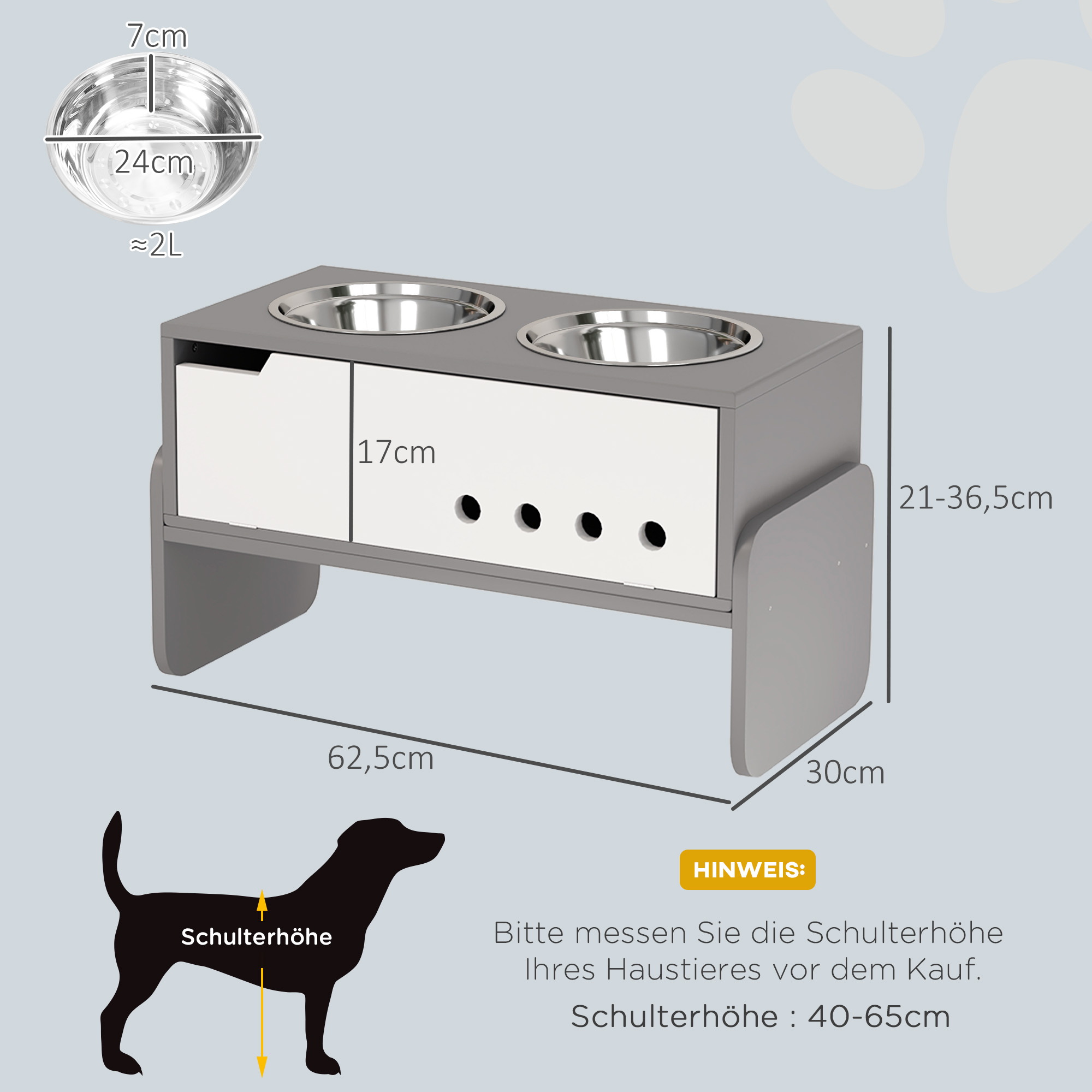 Erhöhte Fütterungsstation für Hunde, mit Stauraum und Anti-Schling-Matte, 2 x 2000 ml Edelstahlnapf, Grau