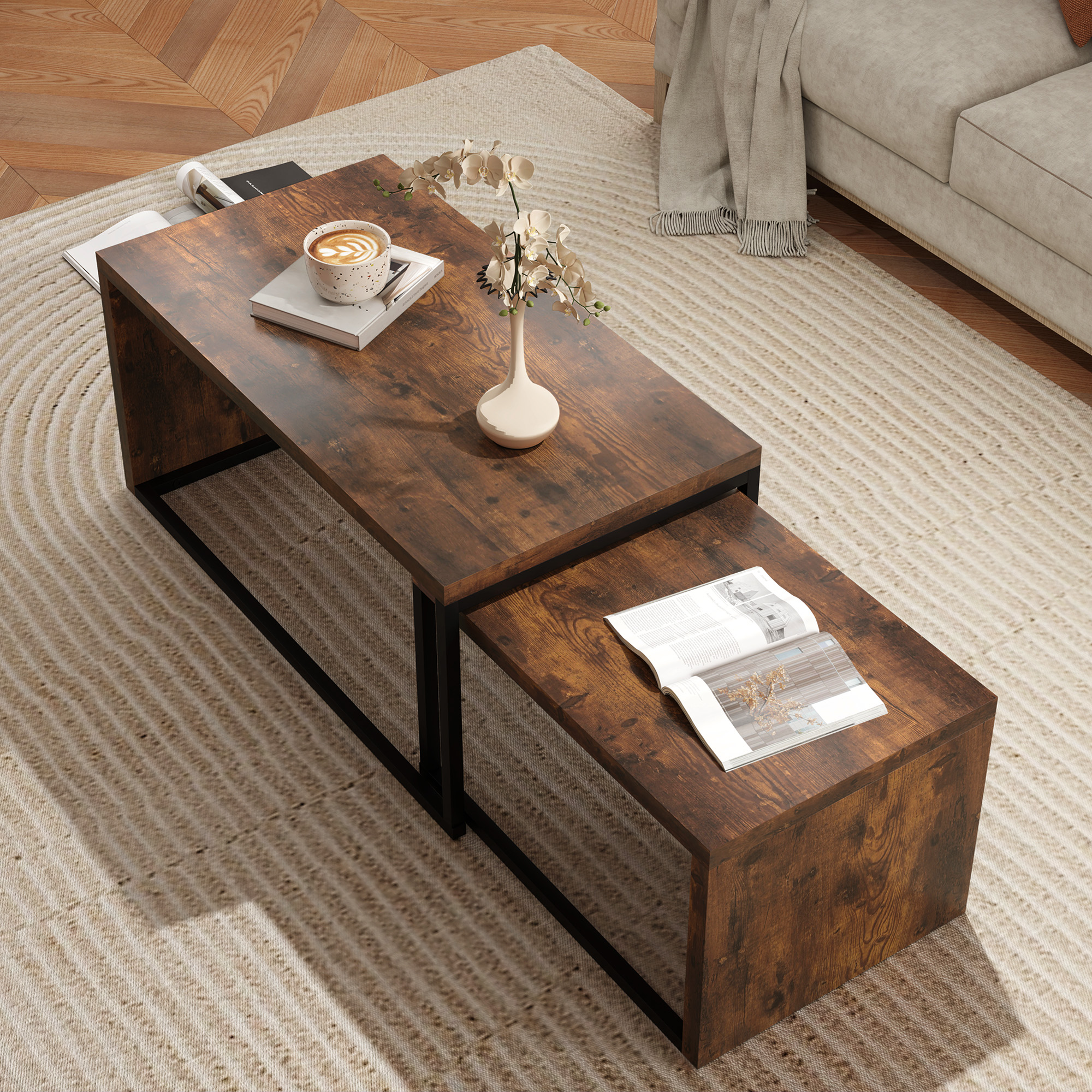 2er-Set Couchtisch, Sofatisch, Beistelltisch, MDF, Metall, 90 x 48 x 42 cm/59 x 42 x 36 cm, Schwarz+Braun