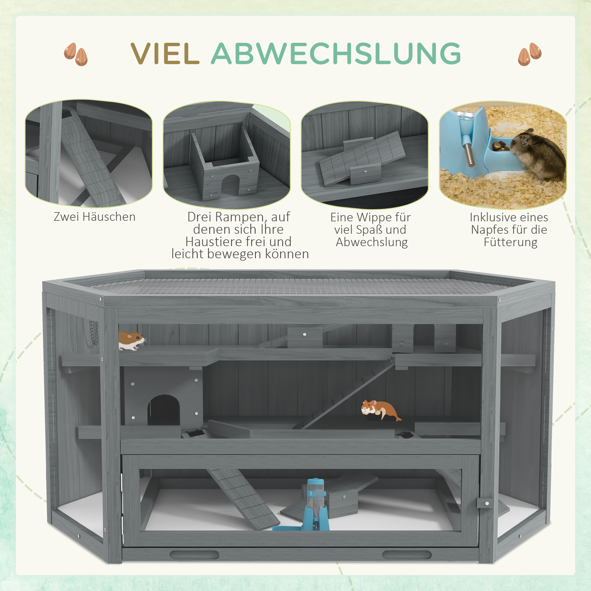 Hamsterkäfig, 3 Etagen, herausnehmbare Wanne, Holz/Metall, 115x60x55 cm