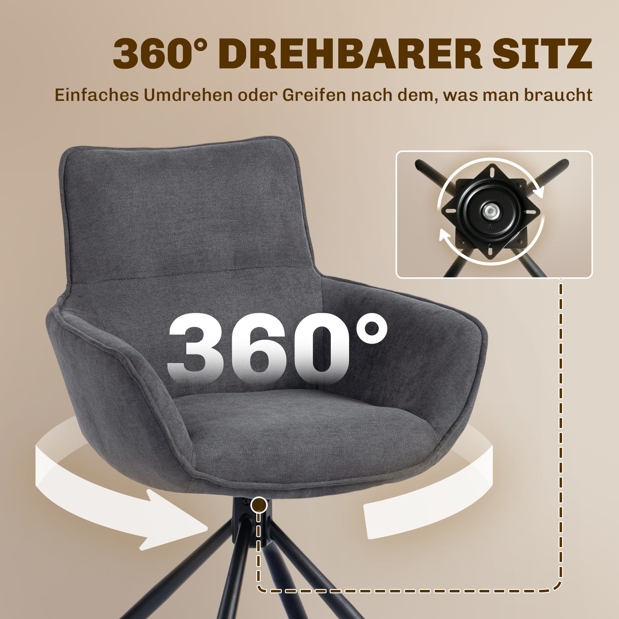 2er-Set Esszimmerstühle, drehbar, weich gepolstert, Armlehnen, Metallbeine, Dunkelgrau