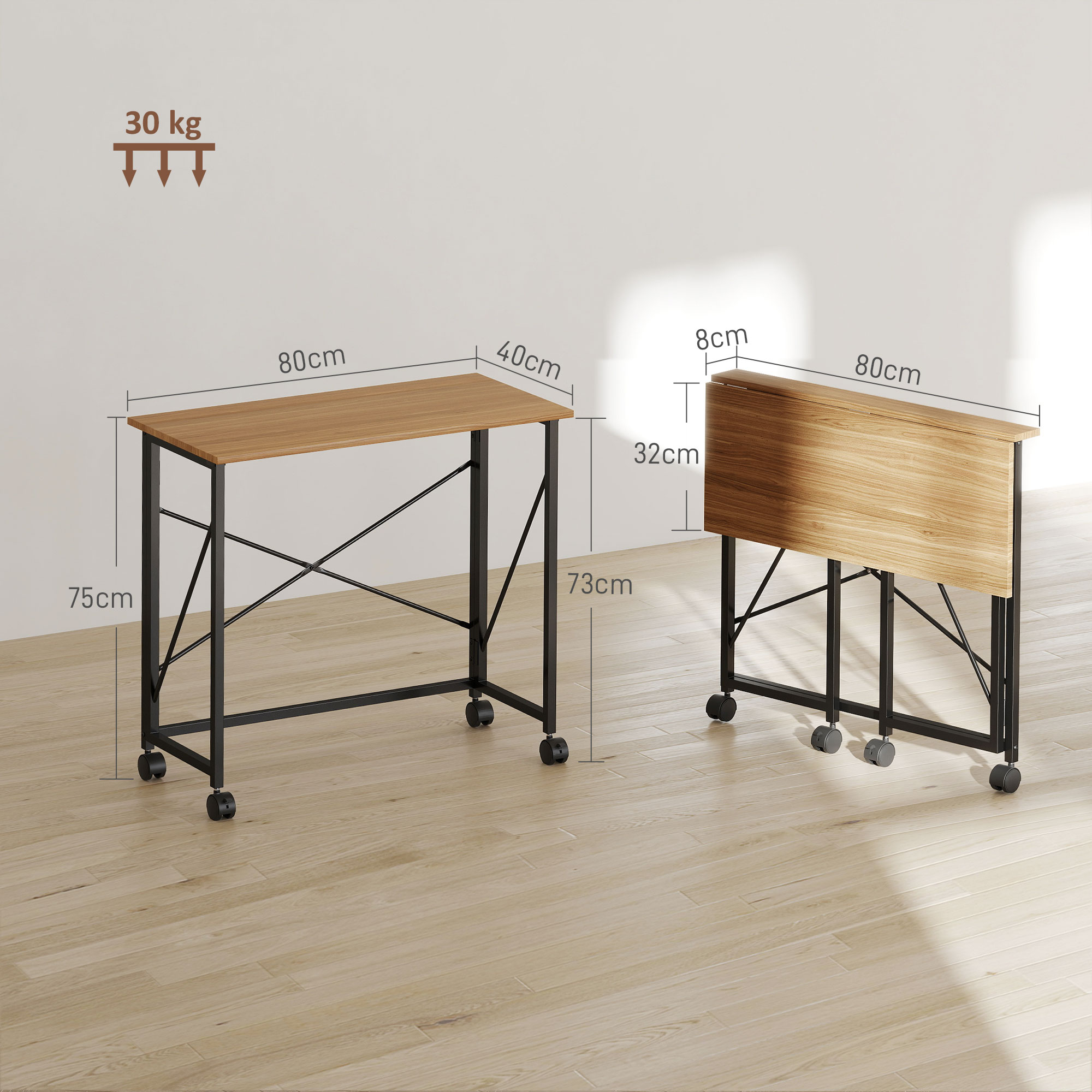Klappbarer Schreibtisch mit Rädern, platzsparend, Stahl, MDF, Eiche