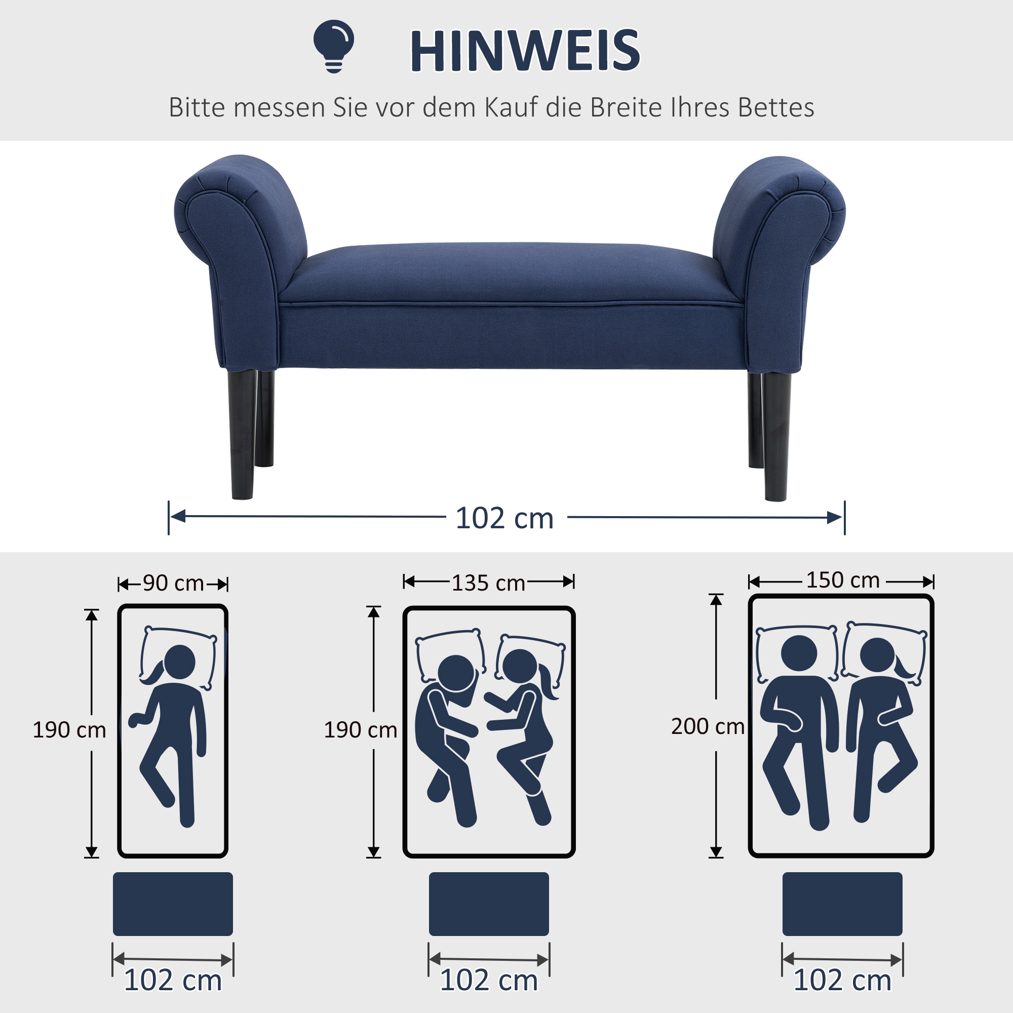 Gepolsterte Sitzbank für Schlafzimmer und Flur, bis 130 kg belastbar, 102 x 36 x 51 cm, Blau