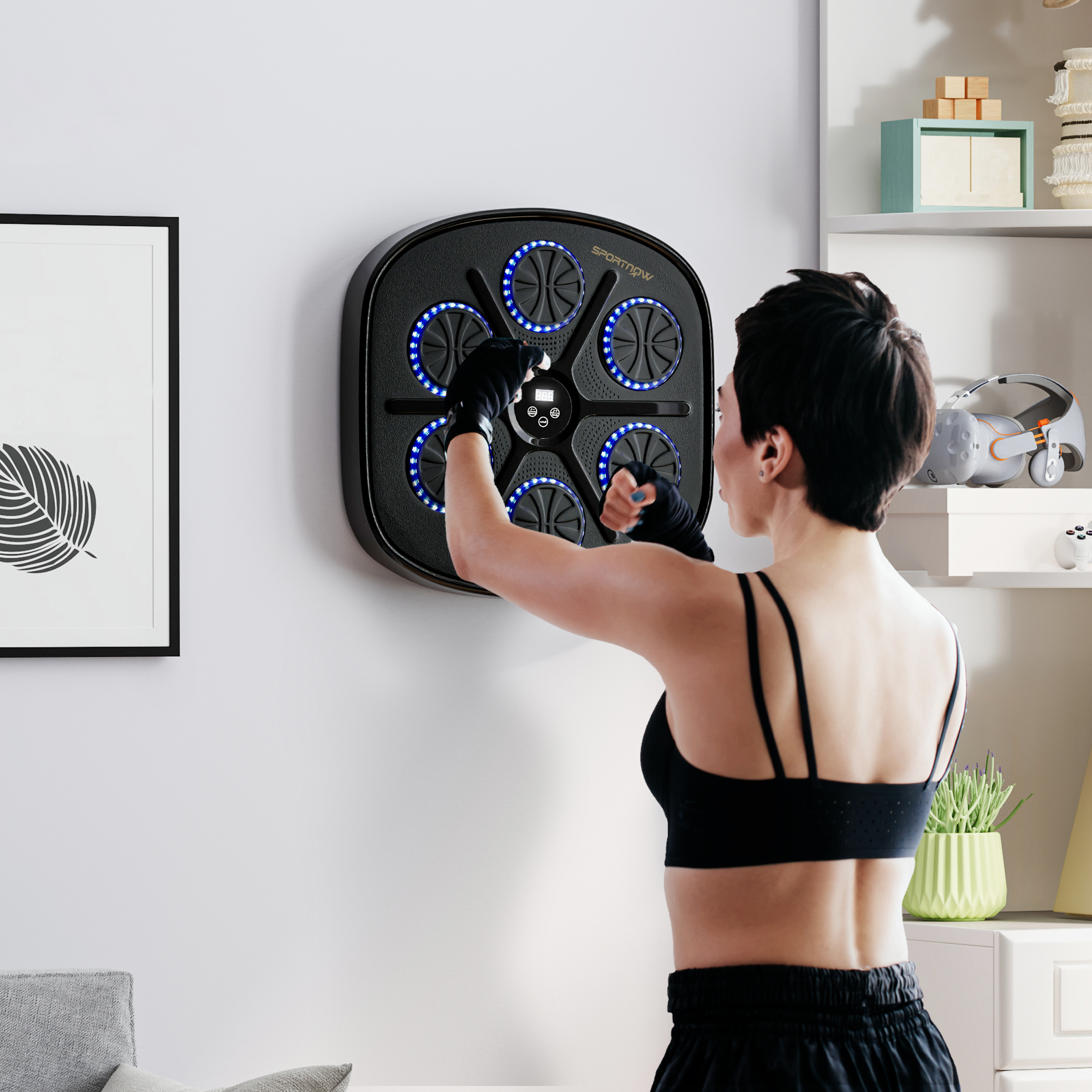 Musik-Boxmaschine, Rhythmisches Boxgerät, 9 Modi, Bluetooth, LED-Lichter, mit Boxhandschuhen, Schwarz