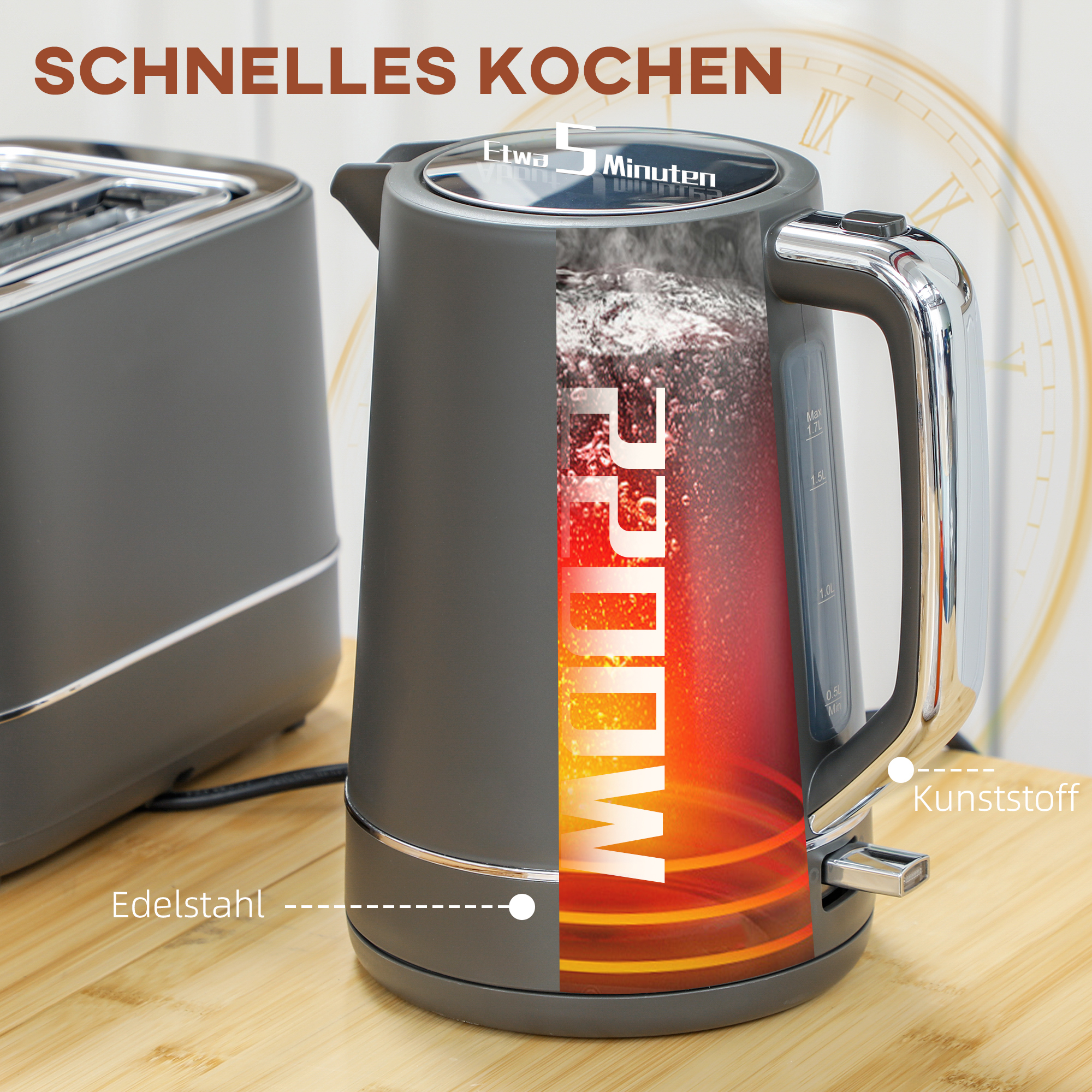 Set aus 1,7 L Wasserkocher und Toaster mit 6 Bräunungsstufen, Grau