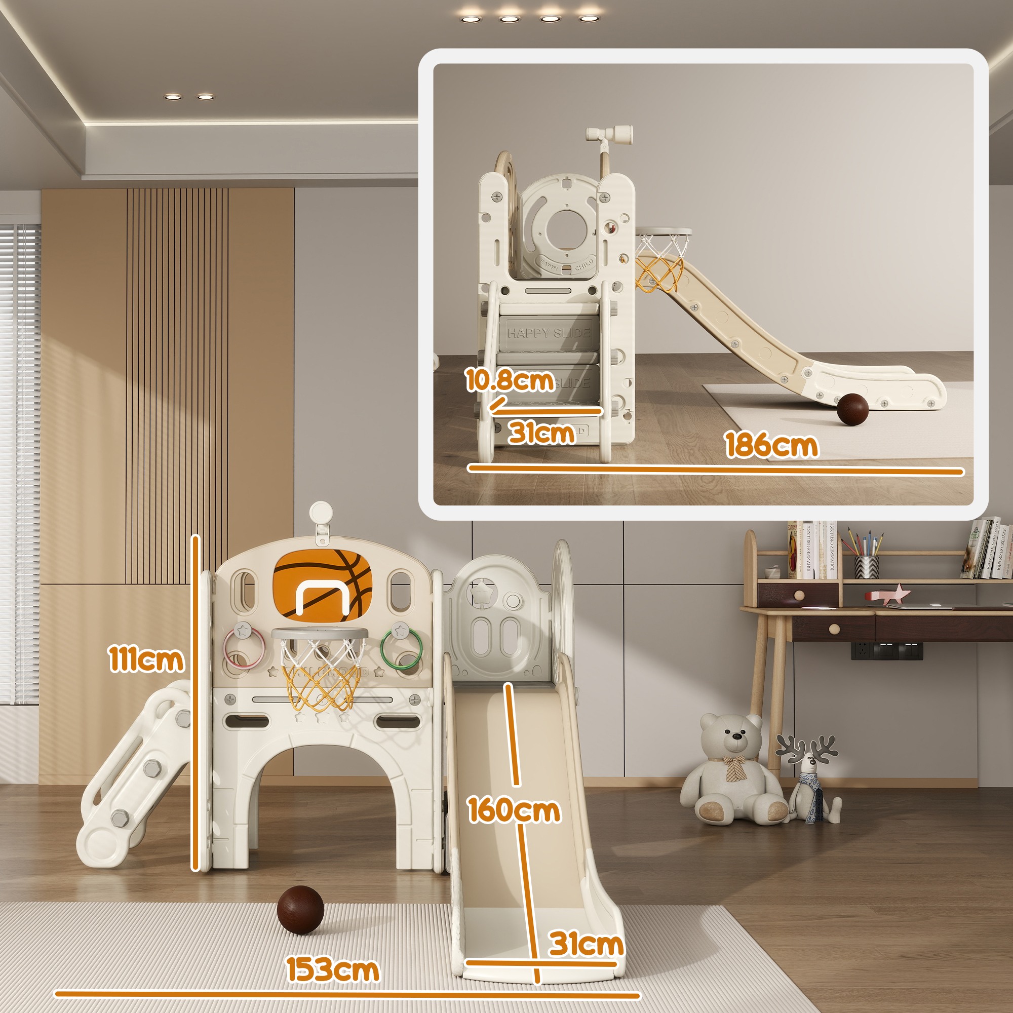 Kinder-Spielgerüst, 7-in-1 Rutsche, Indoor Spielplatz mit Stauraum und Krabbeltunnel, 186x153x111 cm, Cremeweiß