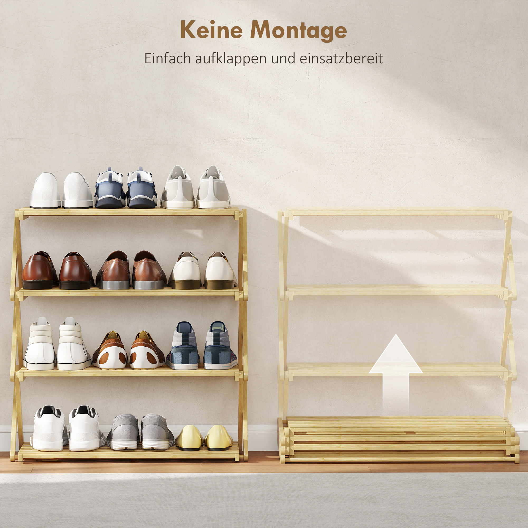 Schuhregal mit 4 Ebenen, Schuhablage aus Bambus,für bis zu 12 Paar Schuhe, für Eingang, Flur, 60 x 29 x 67 cm, Natur