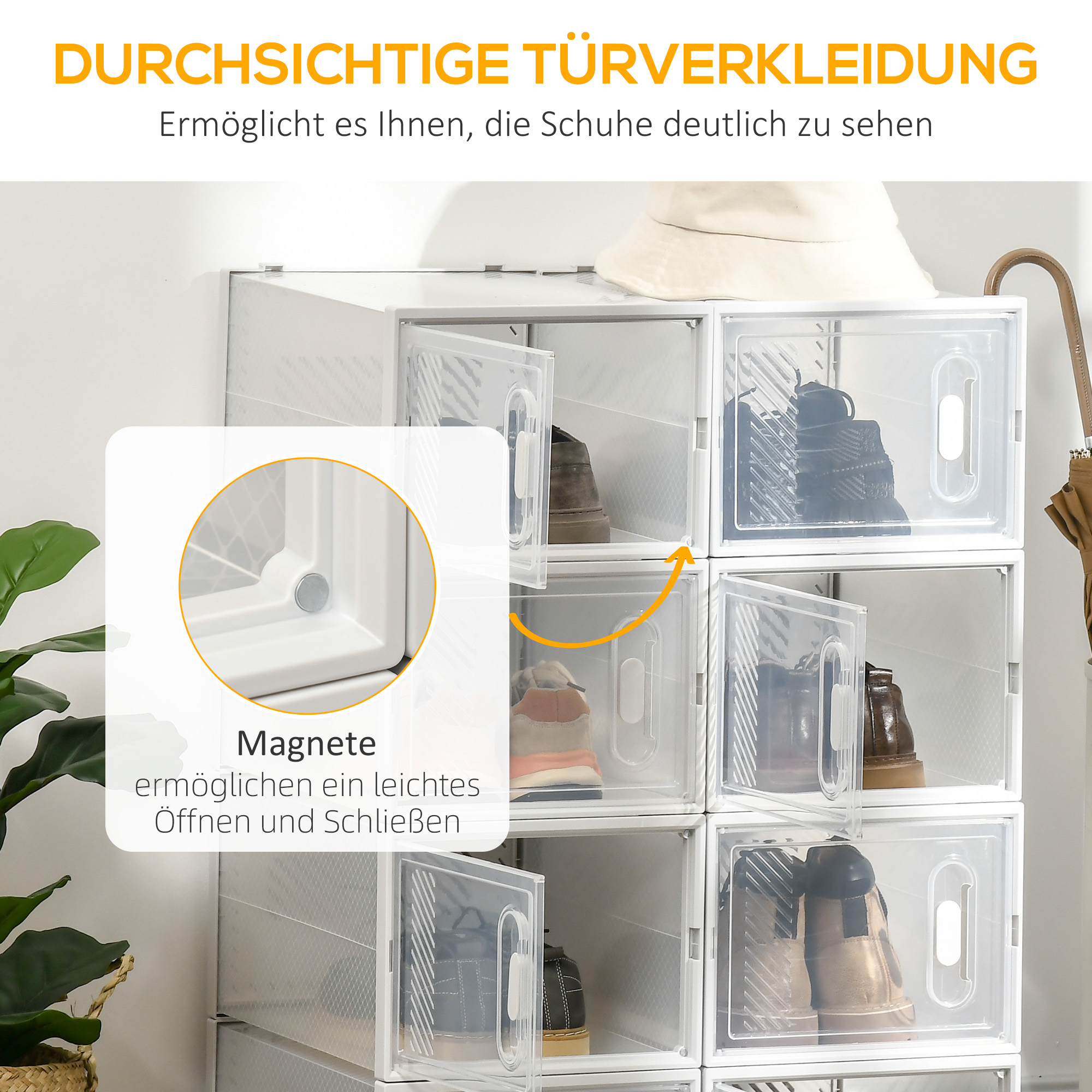 8-teiliges Schuhregal, stapelbare Schuhboxen für Schuhe bis Größe 46, magnetische Türen, Kunststoff, 28 x 36 x 21 cm