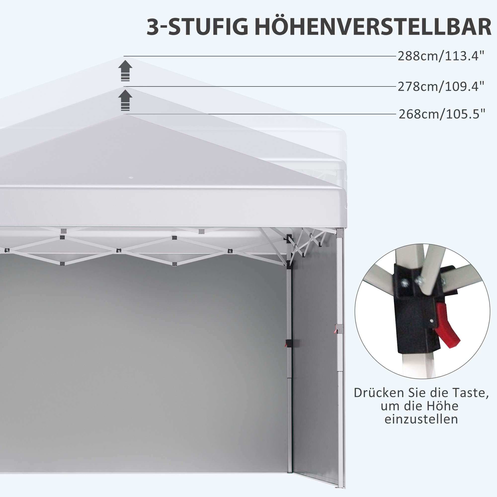 Faltpavillon, 2 Seitenwände, höhenverstellbar, mit Transporttasche, rostfreies Stahlgestell, 3x3 m, Weiß