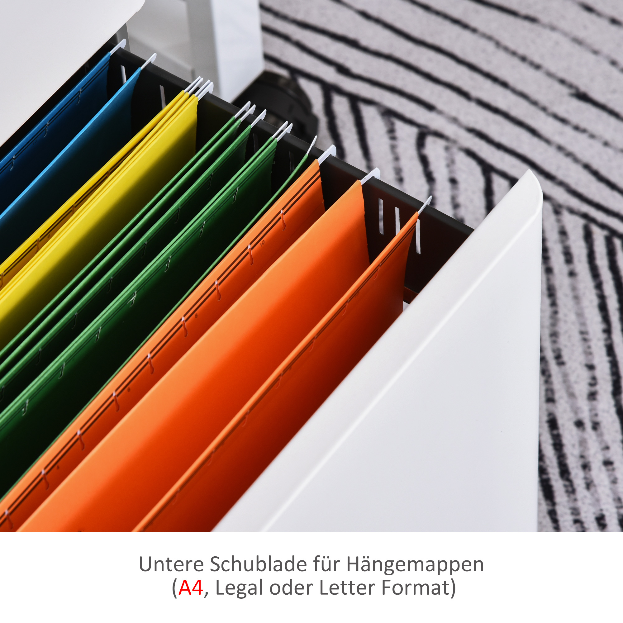 Aktenschrank, Rollcontainer, 3 Schubladen & Hängeregister, Schloss, Stahlgehäuse, 39x48x59 cm, Weiß+Grau