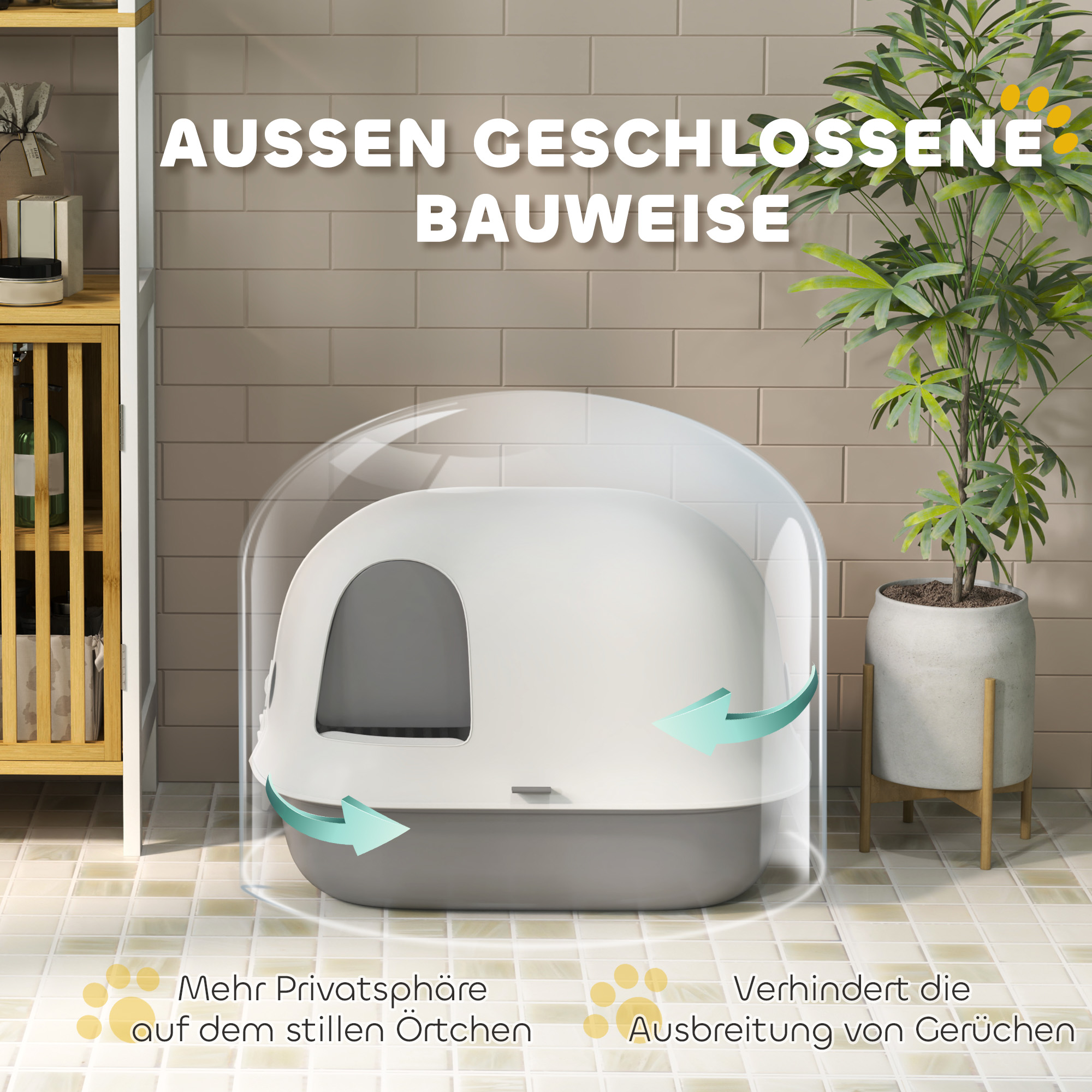 Katzentoilette mit Deckel, Katzenklo mit internem Kanal, Tür, Schaufel, leicht zu reinigen, Kunststoff, Hellgrau