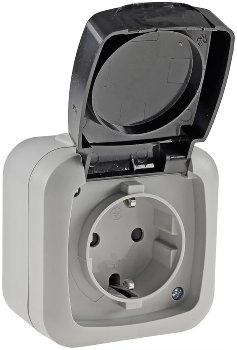 Feuchtraum Steckdose, IP44, 250V~/ 16A, inkl. AP-Rahmen, grau Feuchtraum Steckdose, IP44, 250V~/ 16A, inkl. AP-Rahmen, grau
